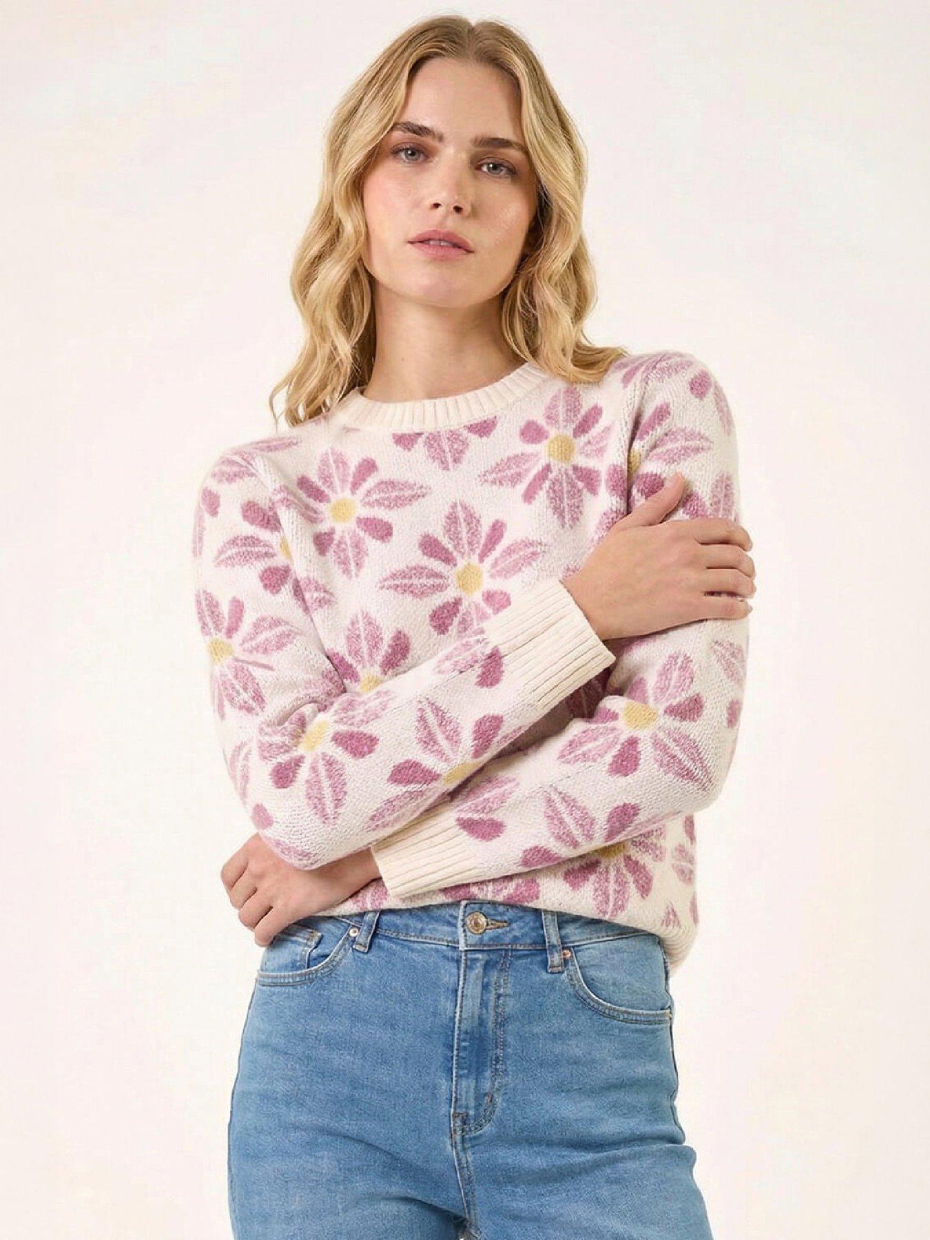 Image 1 of 4 of Roman Roman Womens Floral Crew Neck Knit Jumper - Cream