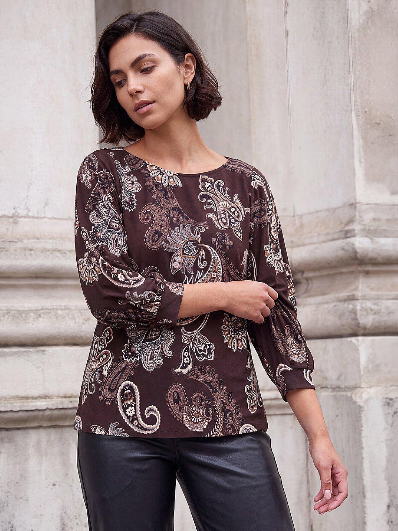 Image 1 of 4 of Roman Womens All-Over Print Relaxed Fit Dropped Shoulder Blouse - Brown