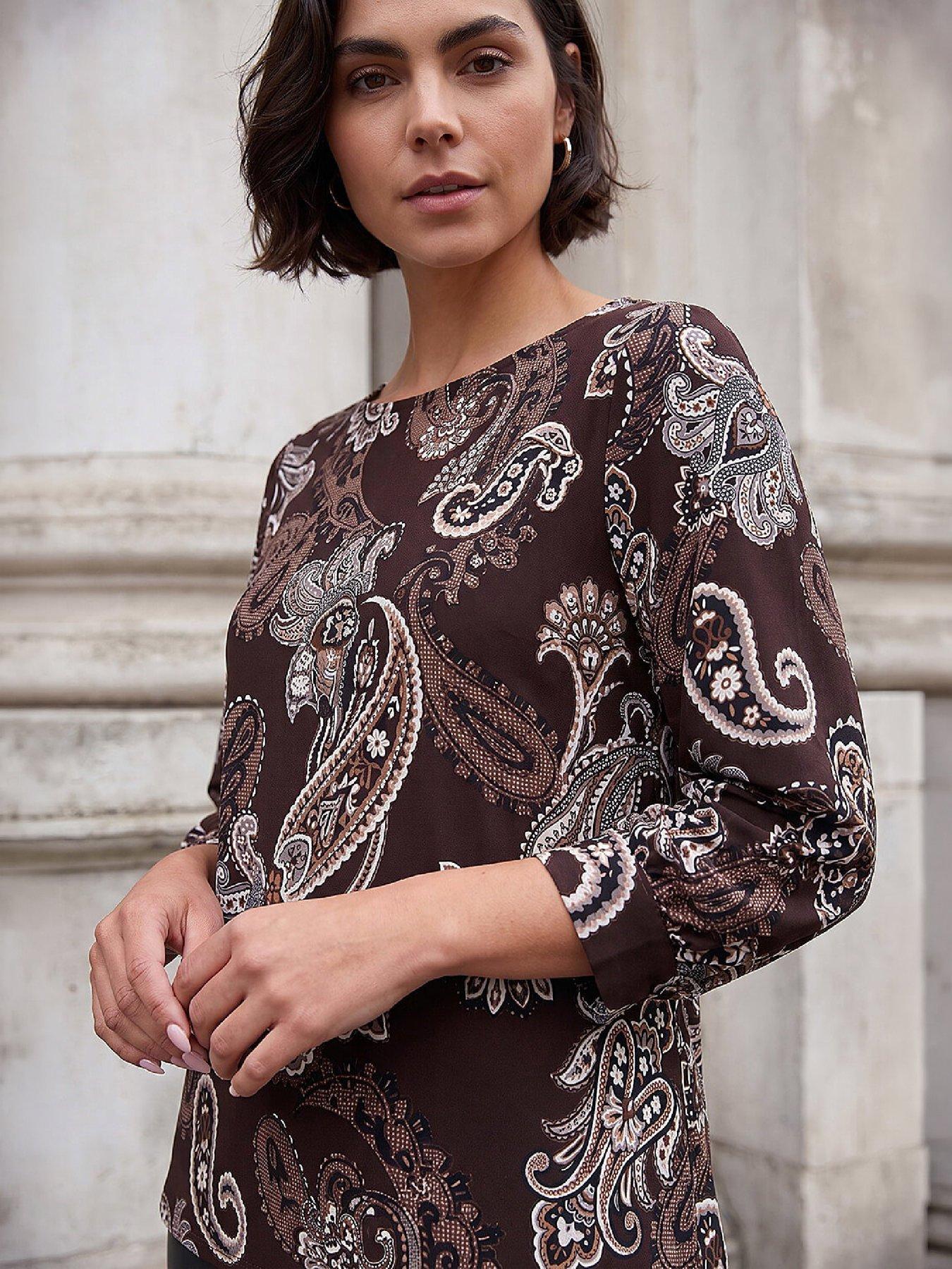 Image 2 of 4 of Roman Womens All-Over Print Relaxed Fit Dropped Shoulder Blouse - Brown