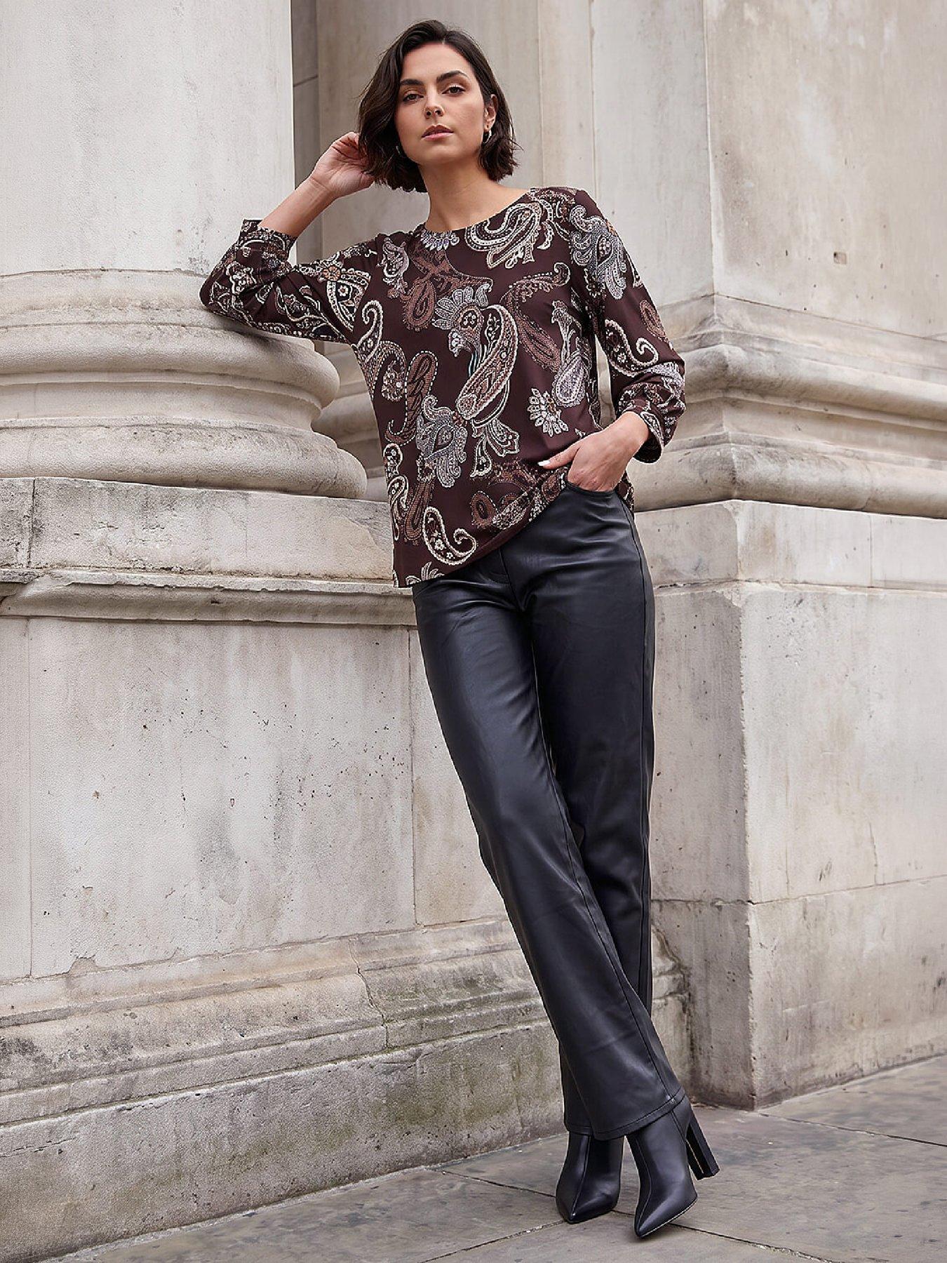 Image 3 of 4 of Roman Womens All-Over Print Relaxed Fit Dropped Shoulder Blouse - Brown