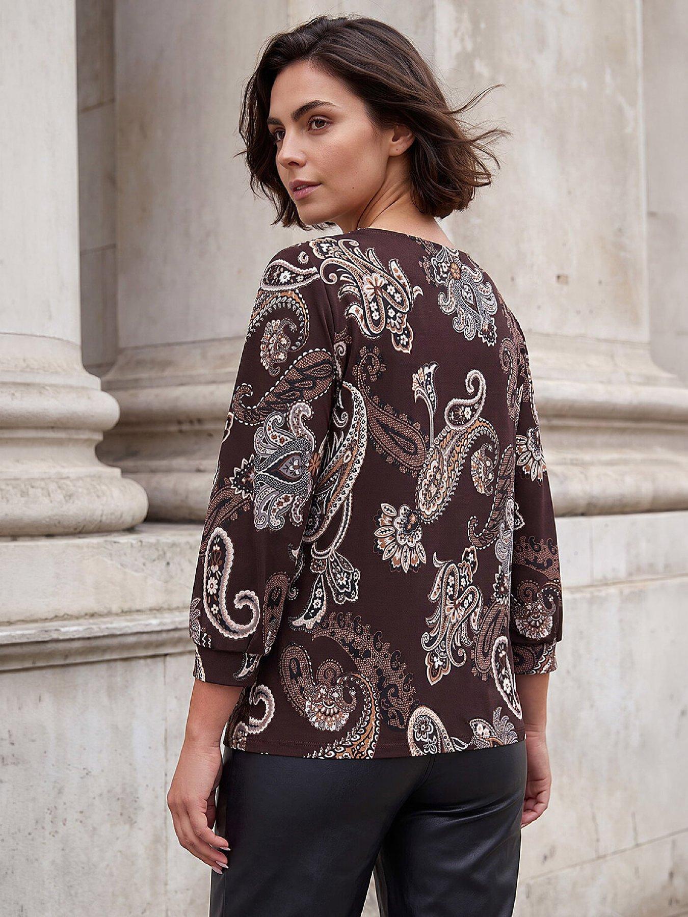 Image 4 of 4 of Roman Womens All-Over Print Relaxed Fit Dropped Shoulder Blouse - Brown