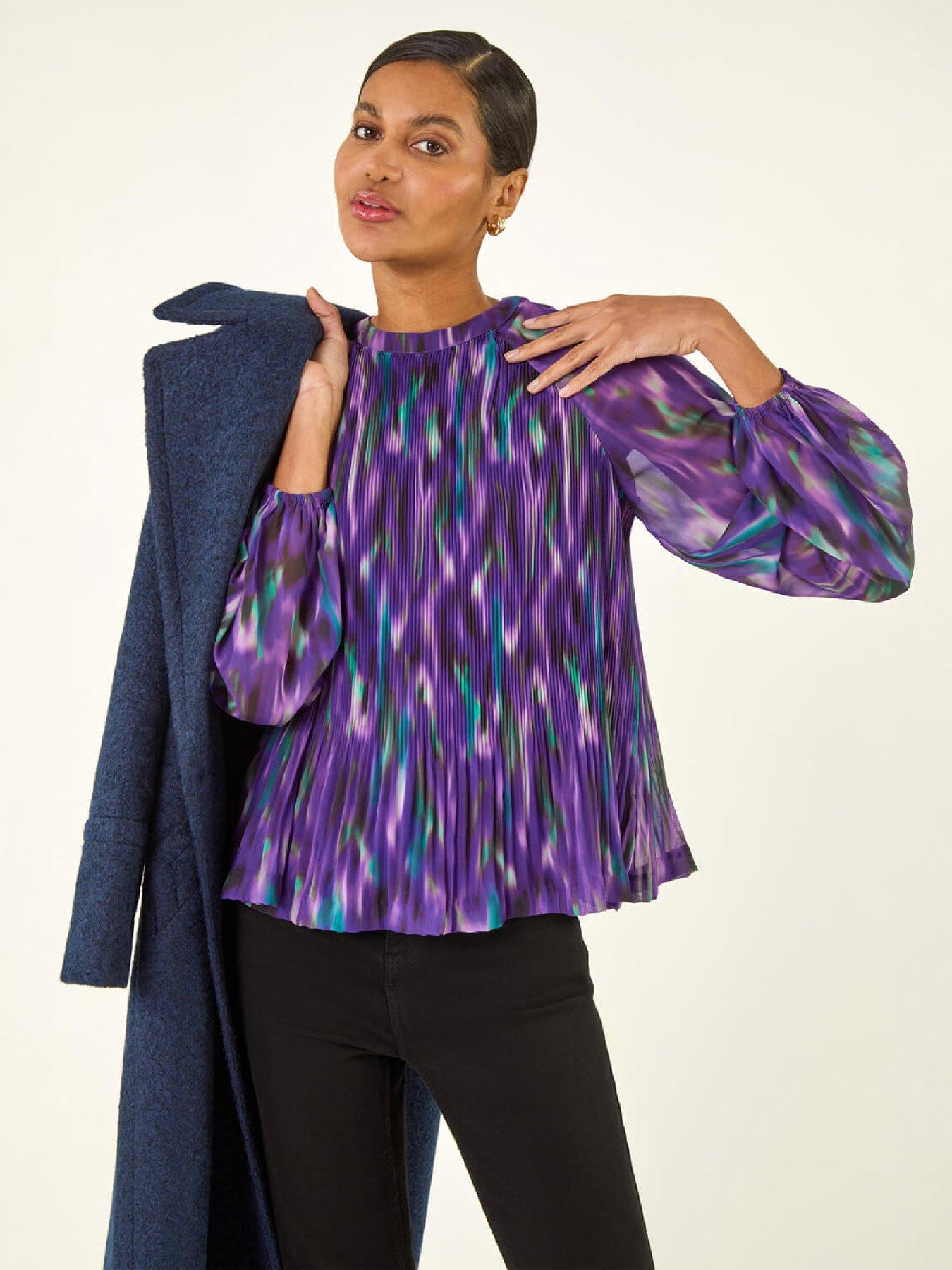 Image 1 of 4 of Roman Roman Womens Abstract Print Pleated Blouse - Purple