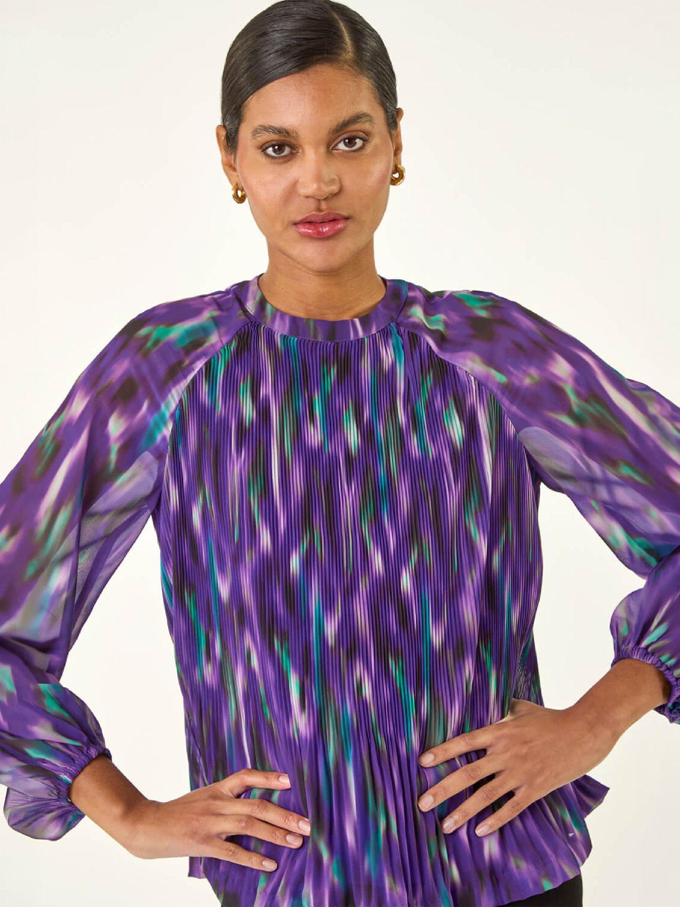 Image 2 of 4 of Roman Roman Womens Abstract Print Pleated Blouse - Purple