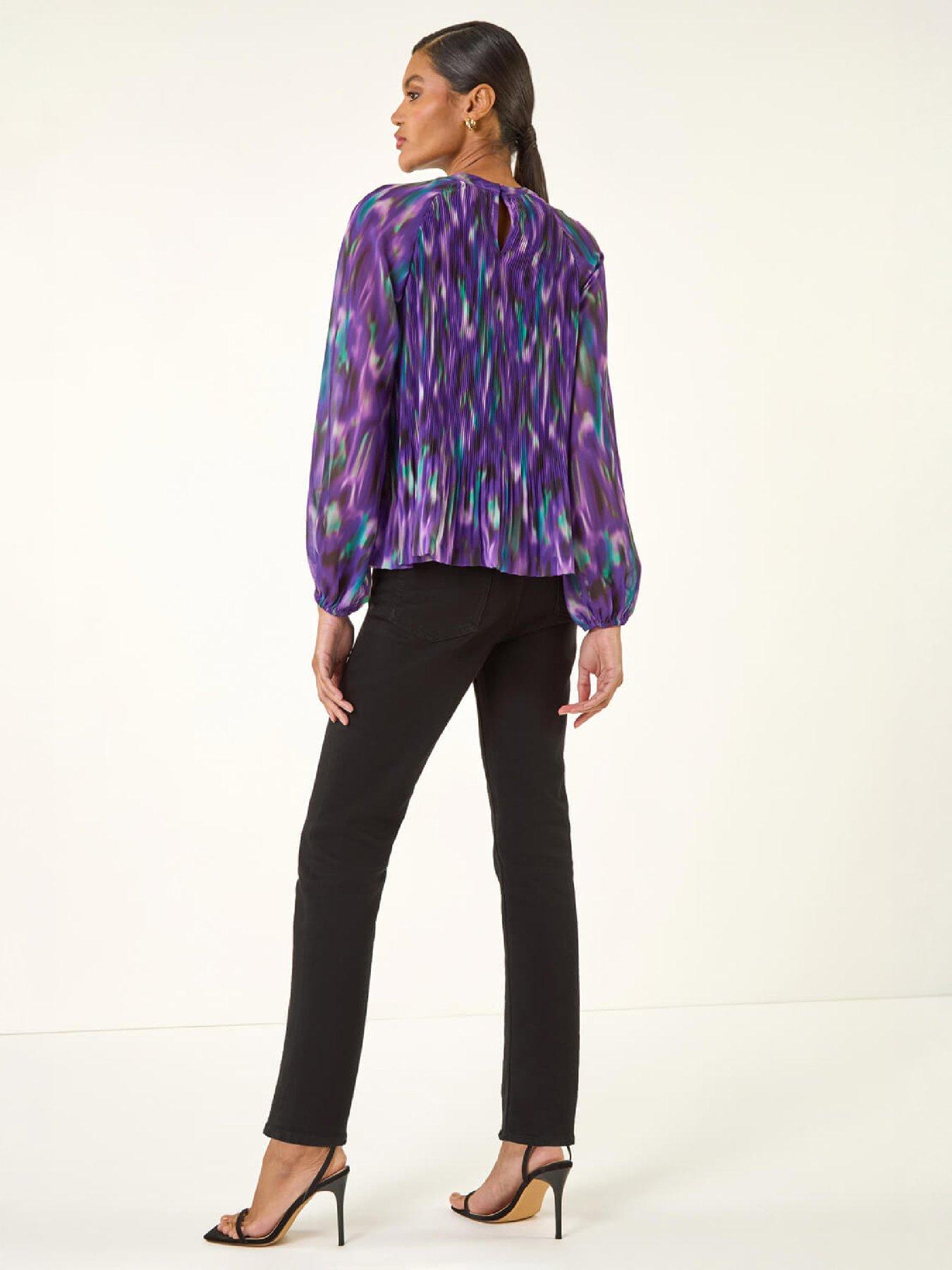 Image 3 of 4 of Roman Roman Womens Abstract Print Pleated Blouse - Purple