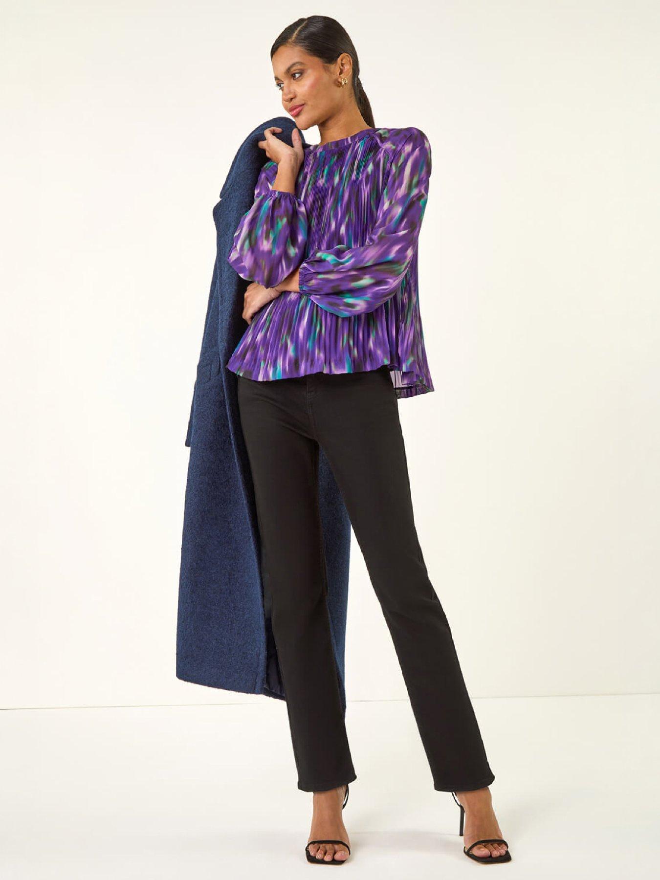 Image 4 of 4 of Roman Roman Womens Abstract Print Pleated Blouse - Purple