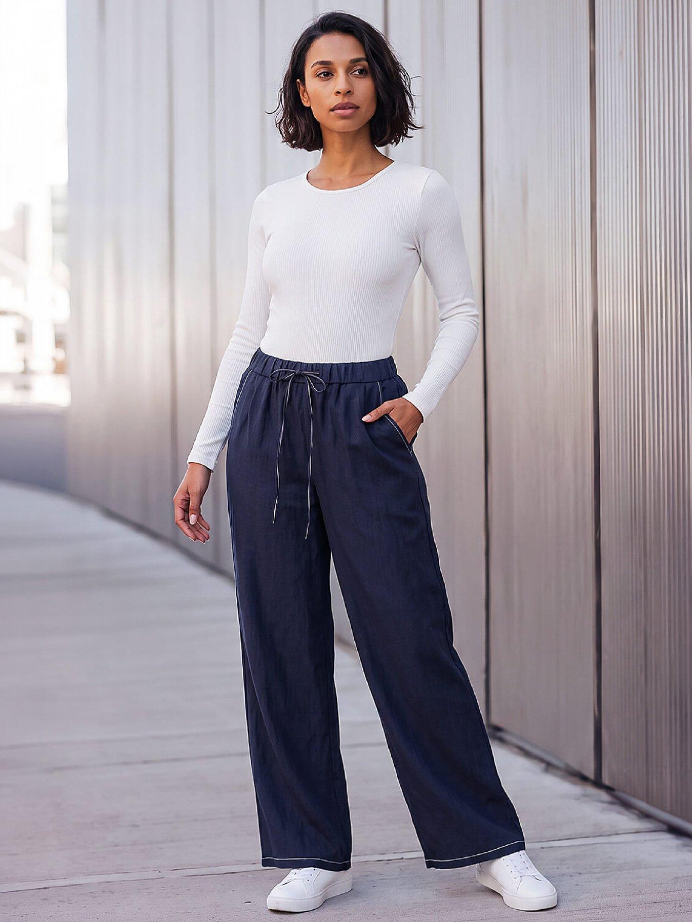Image 1 of 4 of Roman Roman Womens Dusk Elasticated Wide Leg Trousers - Blue