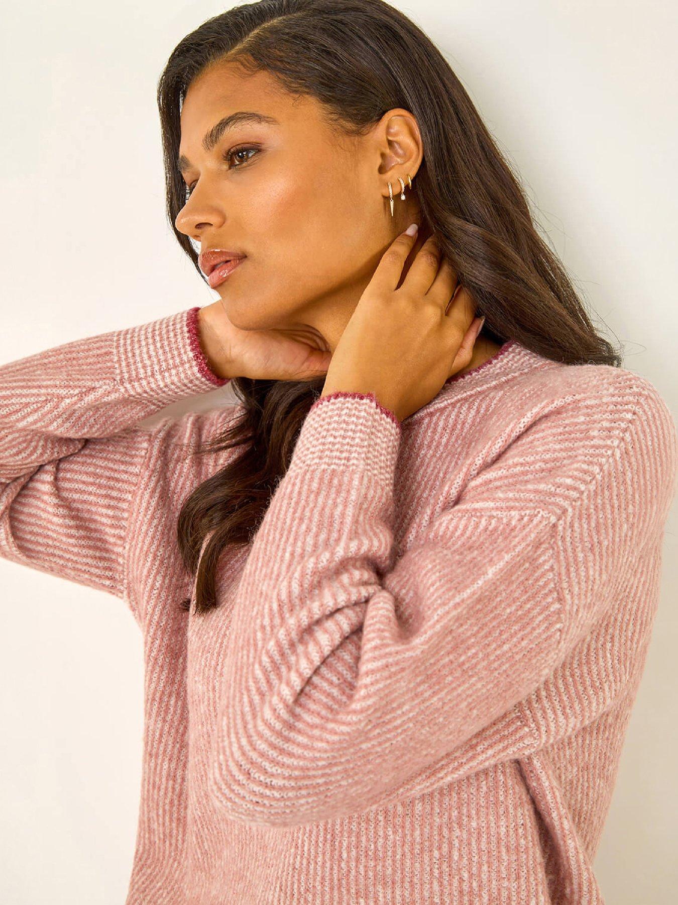 Image 1 of 4 of Roman Womens Contrast Stitch Ribbed Soft Jumper - Pink