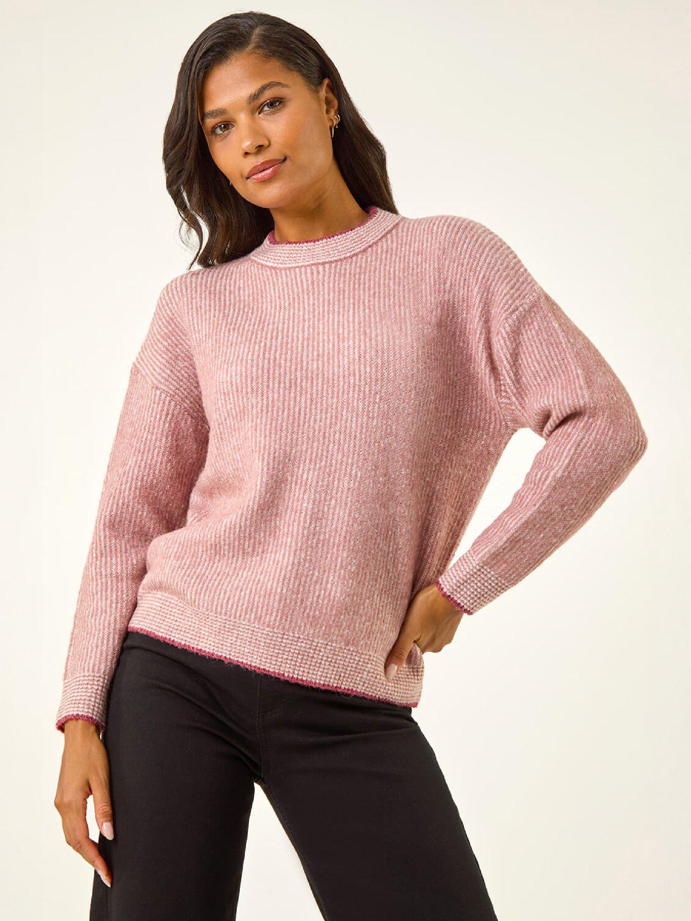 Image 2 of 4 of Roman Womens Contrast Stitch Ribbed Soft Jumper - Pink