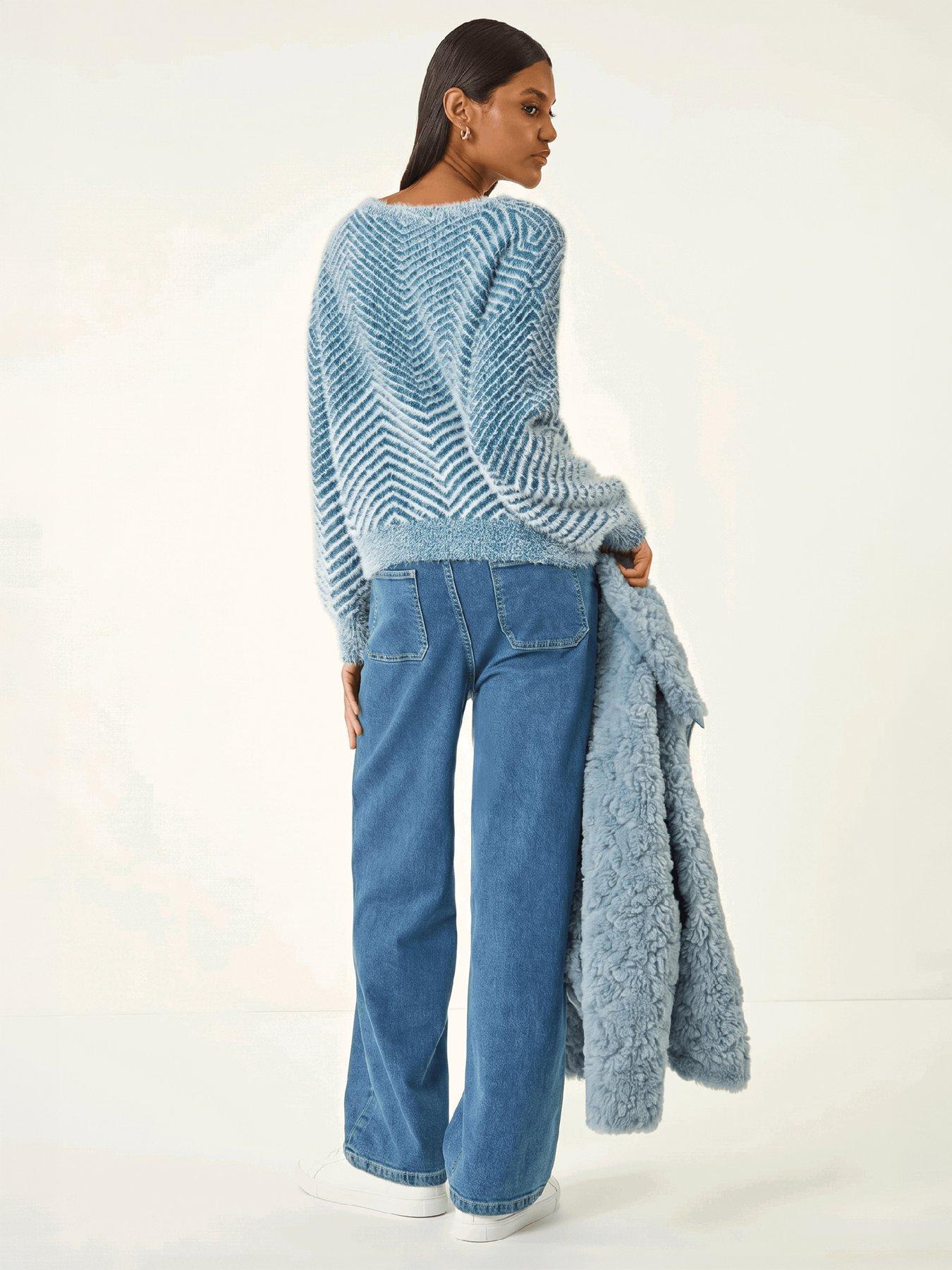 Image 1 of 4 of Roman Womens Abstract Stripe Soft Knit Round Neck Jumper - Blue