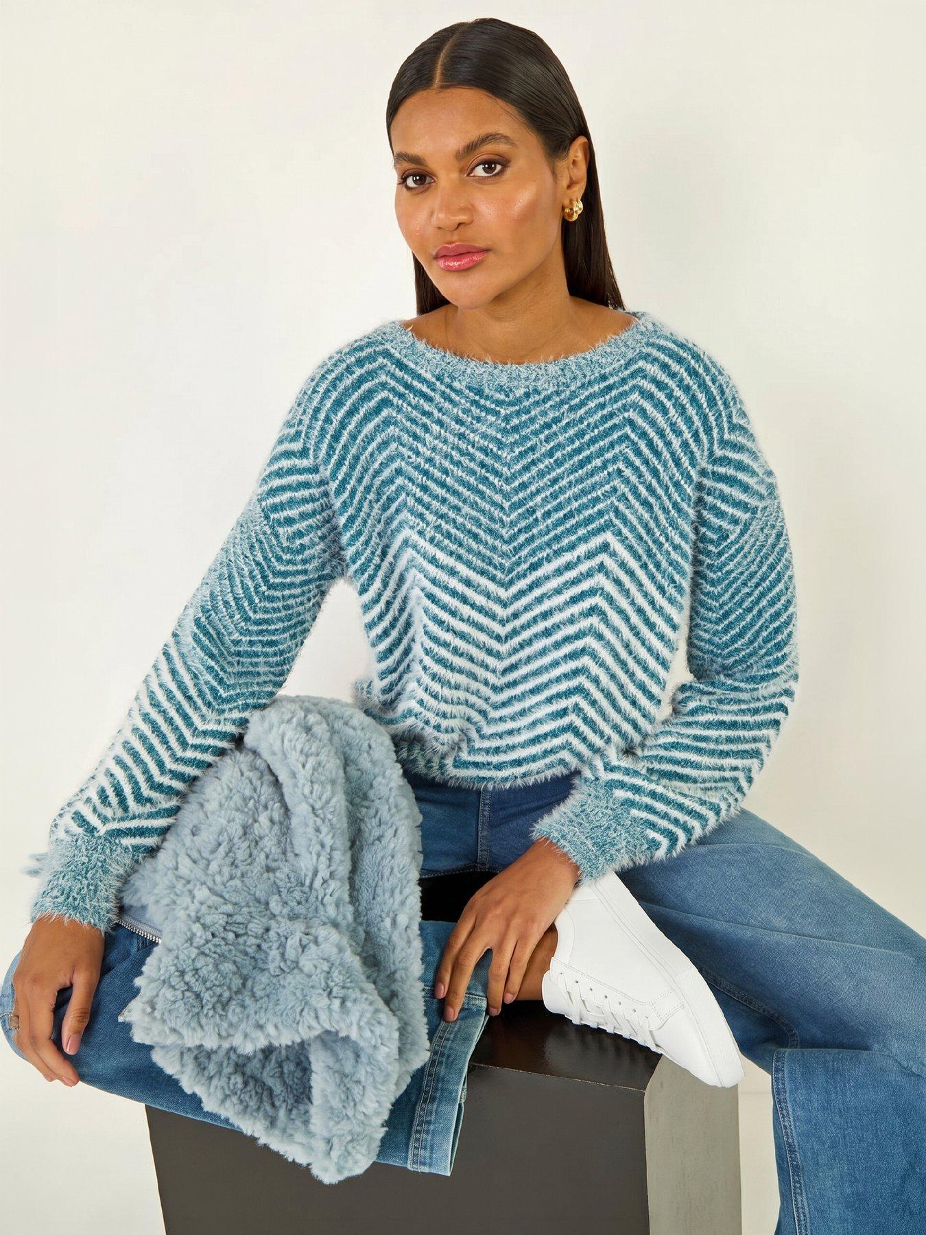 Image 3 of 4 of Roman Womens Abstract Stripe Soft Knit Round Neck Jumper - Blue