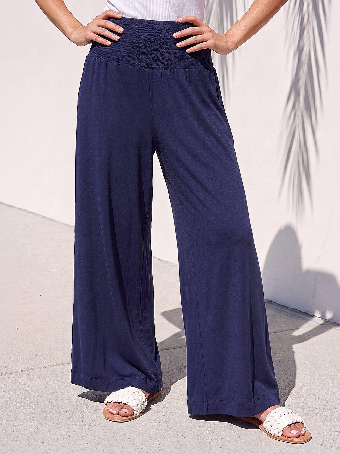 Image 1 of 4 of Roman Womens Shirred Waist Full Length Trousers - Navy
