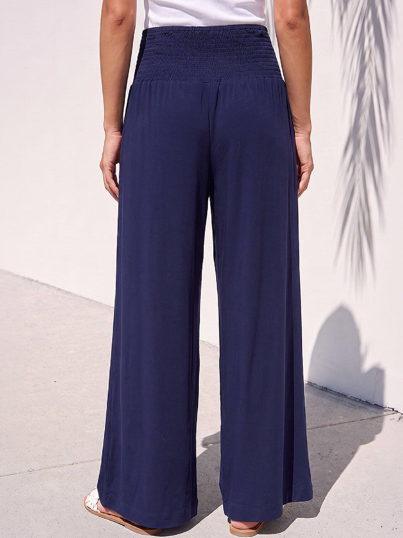 Image 3 of 4 of Roman Womens Shirred Waist Full Length Trousers - Navy
