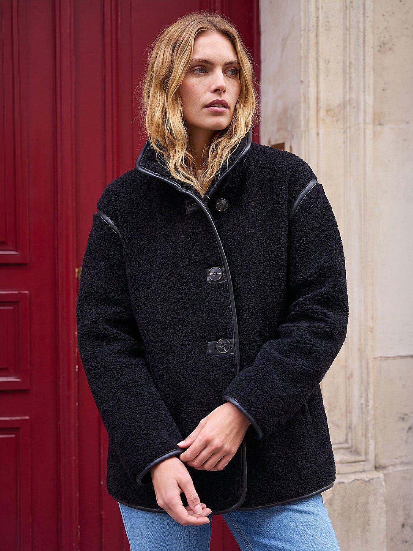 Image 1 of 4 of Roman Womens Contrast Piped Borg Coat - Black