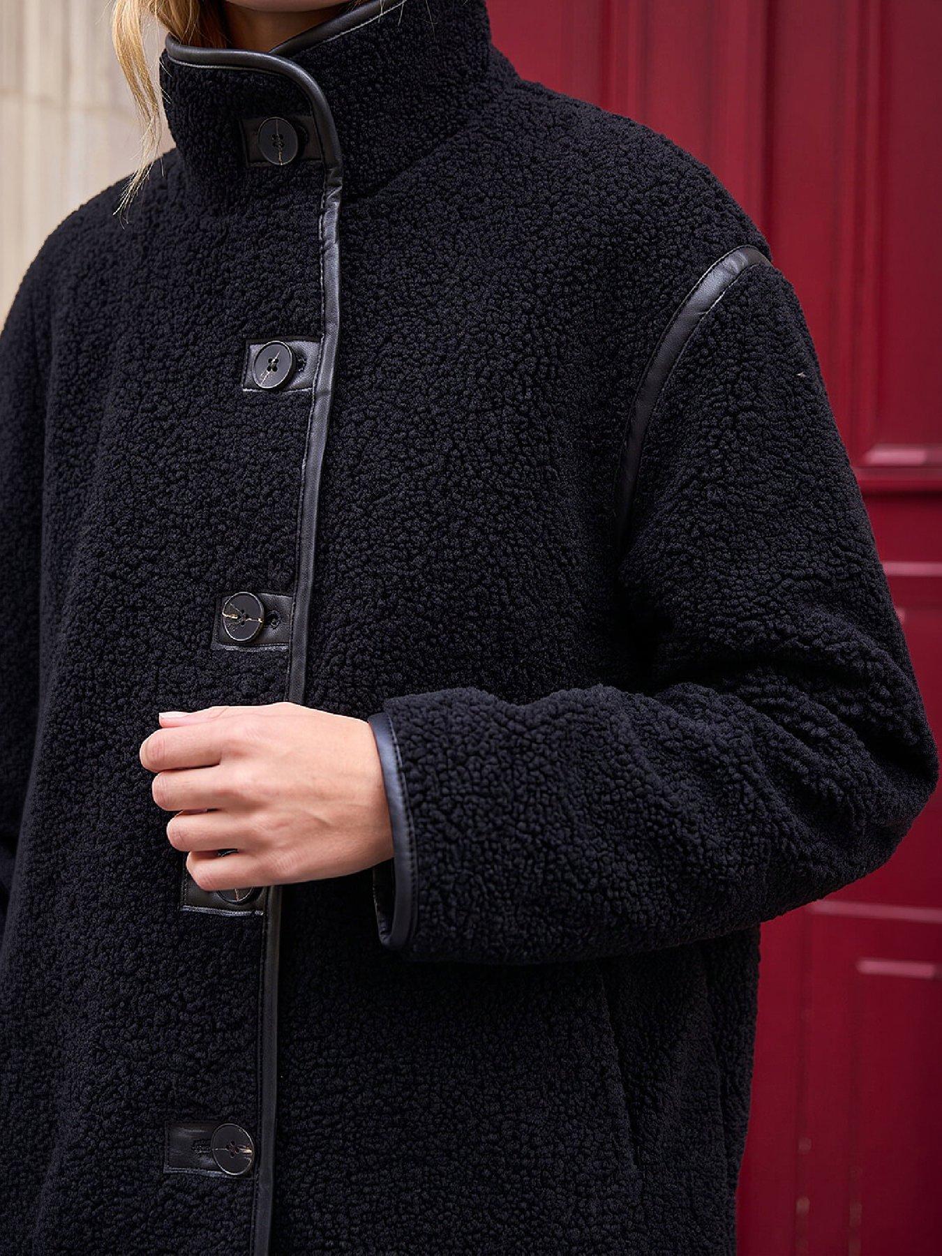 Image 2 of 4 of Roman Womens Contrast Piped Borg Coat - Black