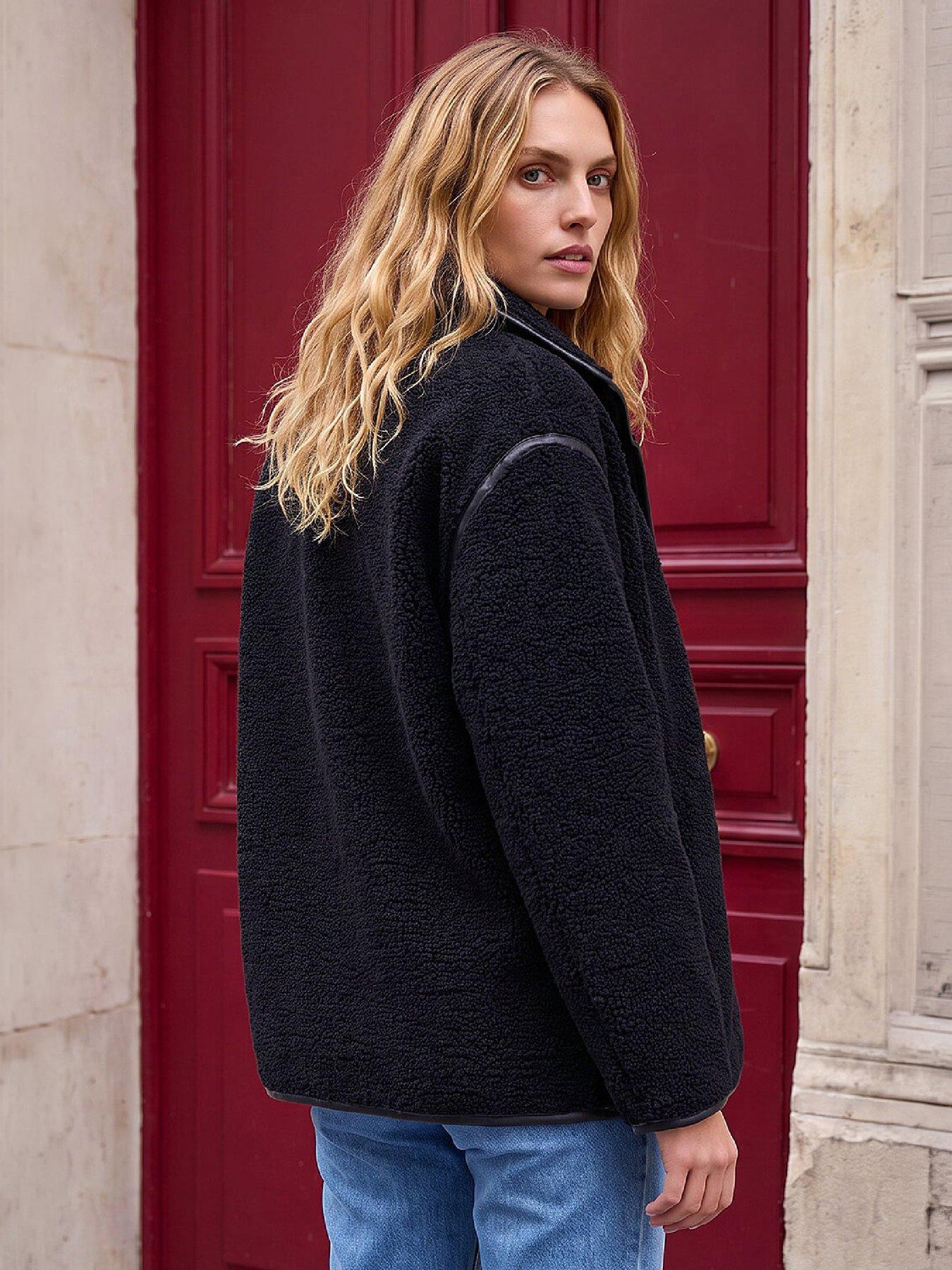 Image 3 of 4 of Roman Womens Contrast Piped Borg Coat - Black