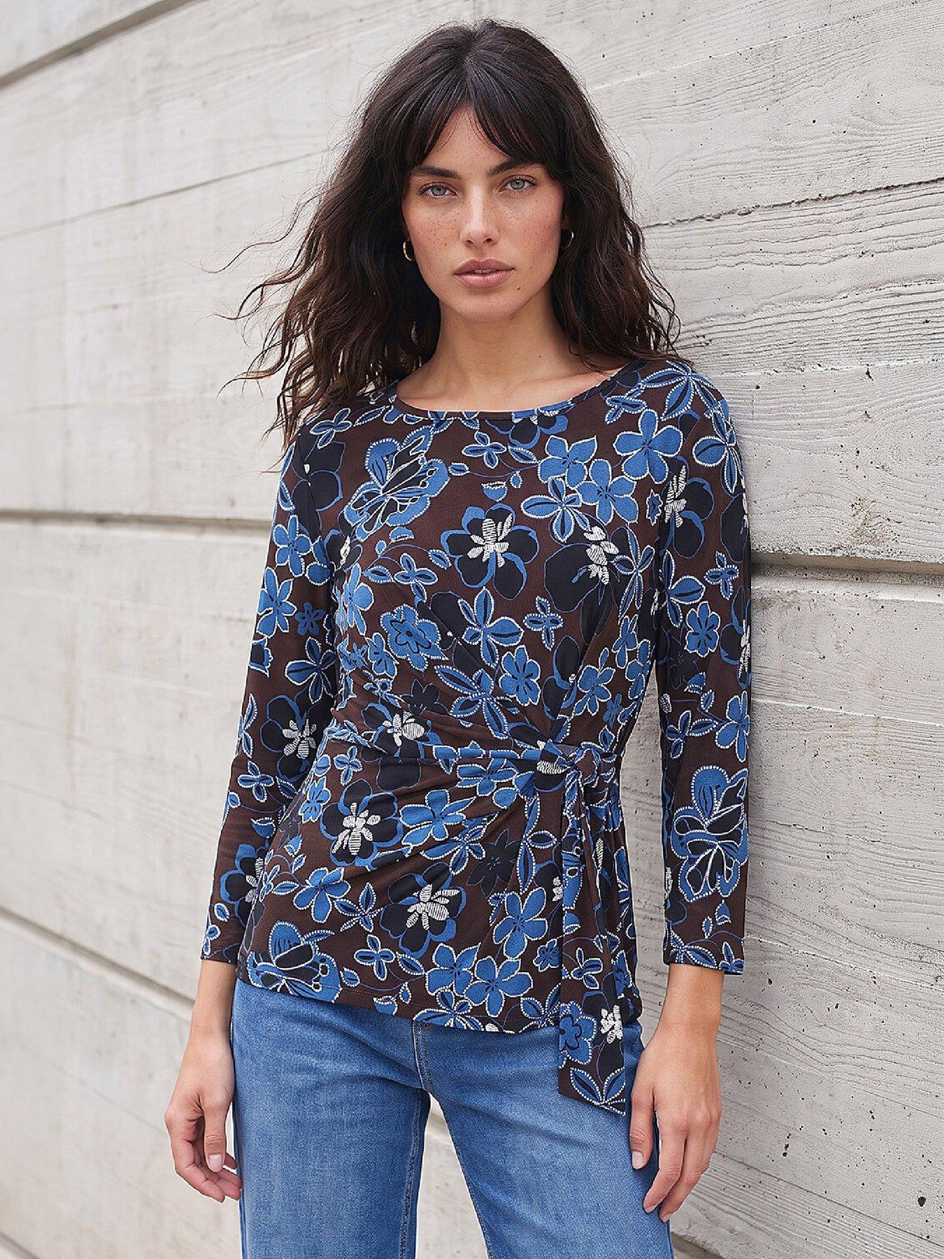 Image 1 of 4 of Roman Womens Side Tie 3/4 Sleeve Floral Puff Print Blouse - Brown