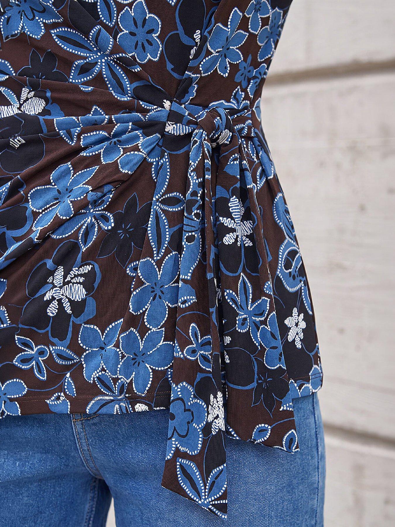 Image 2 of 4 of Roman Womens Side Tie 3/4 Sleeve Floral Puff Print Blouse - Brown