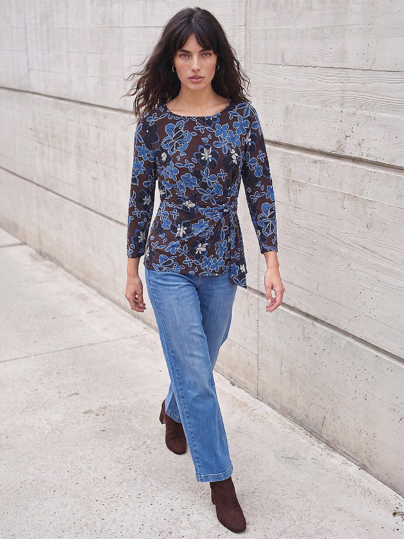 Image 4 of 4 of Roman Womens Side Tie 3/4 Sleeve Floral Puff Print Blouse - Brown