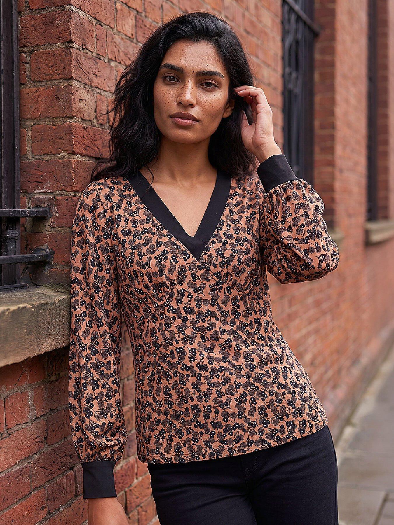 Image 1 of 4 of Roman Roman Womens Ditsy Floral Contrast Neck Blouse - Brown