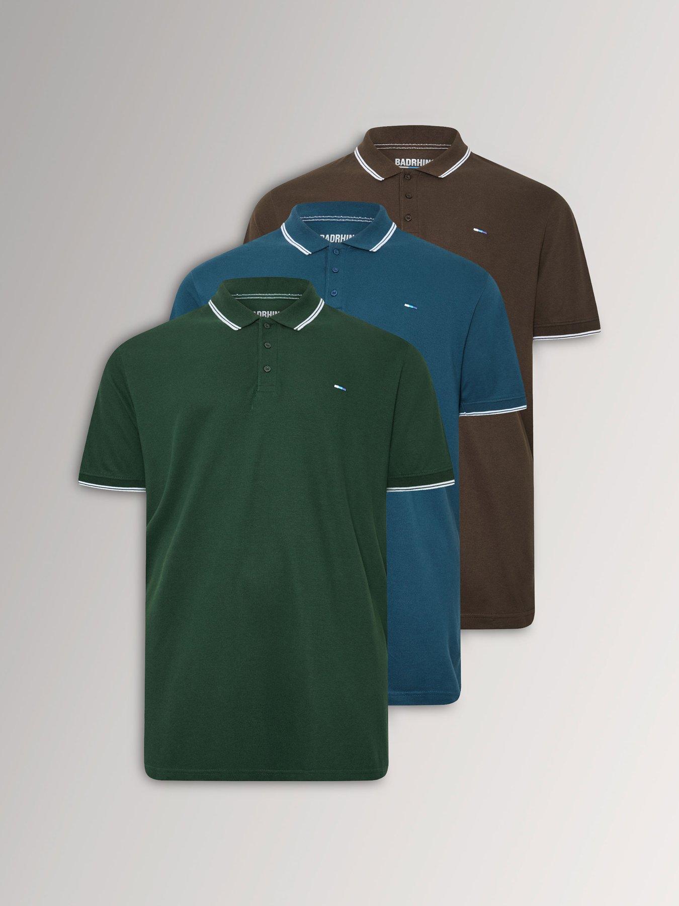 Image 1 of 4 of BadRhino Mens 3 Pack Tipped Cotton Polo Shirts - Green
