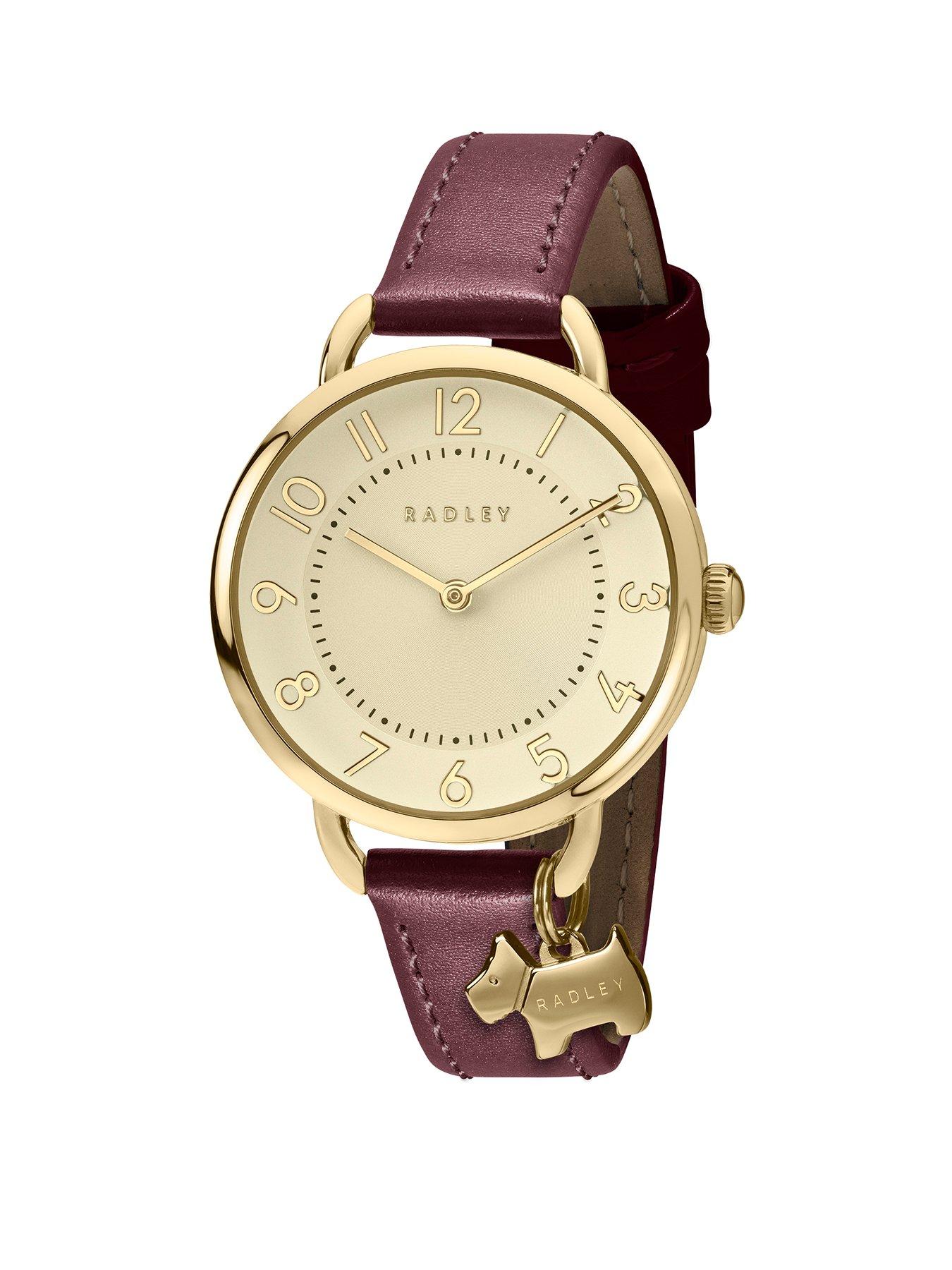 Image 1 of 4 of Radley Radley Ladies Gold Plated Open Shoulder Dark Cherry Leather Strap Watch With Charm