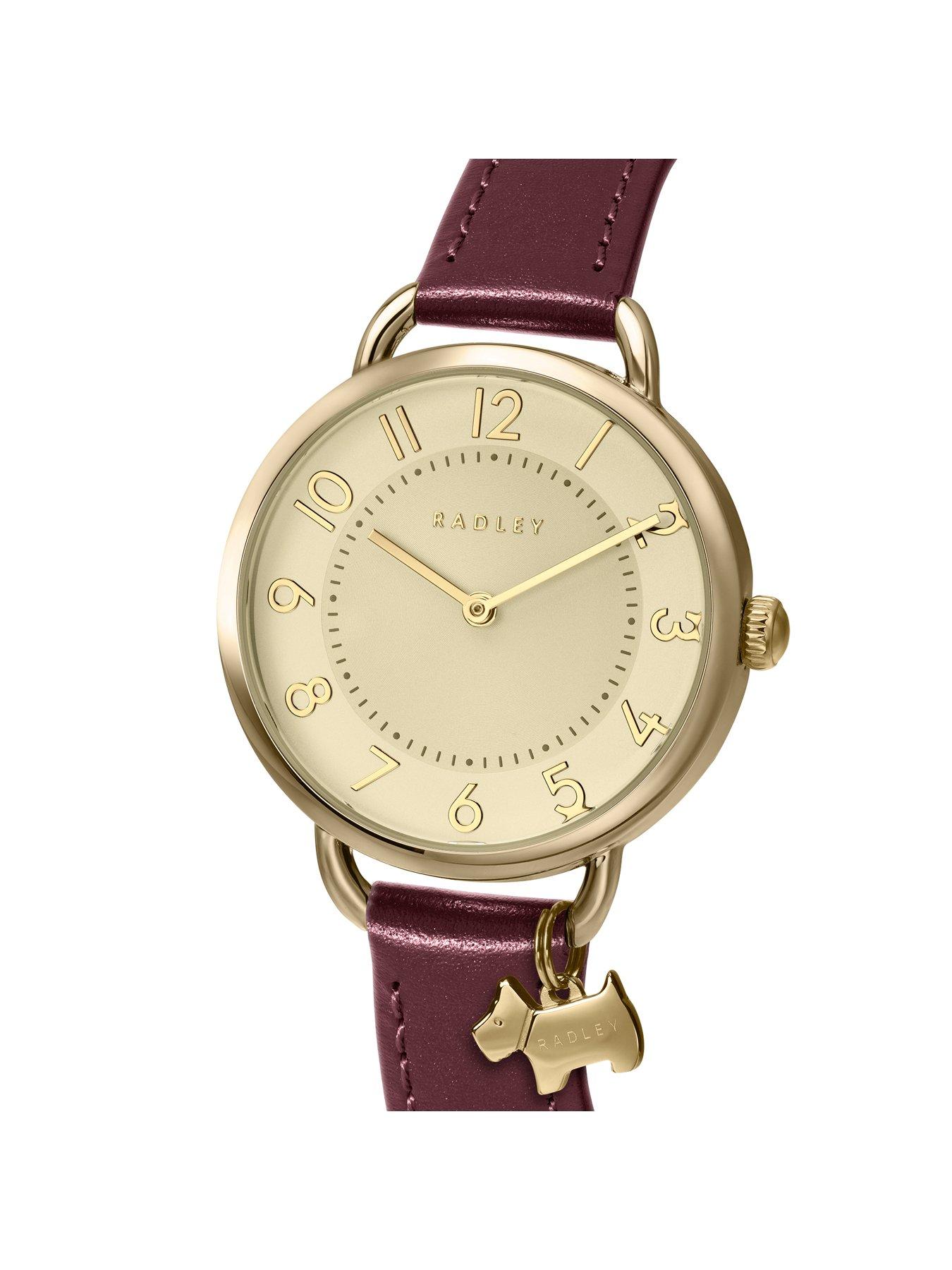 Image 2 of 4 of Radley Radley Ladies Gold Plated Open Shoulder Dark Cherry Leather Strap Watch With Charm