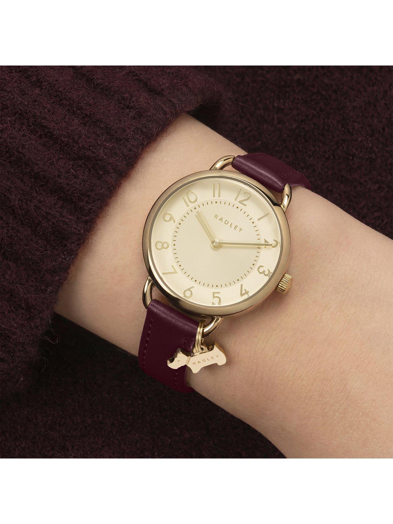 Image 3 of 4 of Radley Radley Ladies Gold Plated Open Shoulder Dark Cherry Leather Strap Watch With Charm