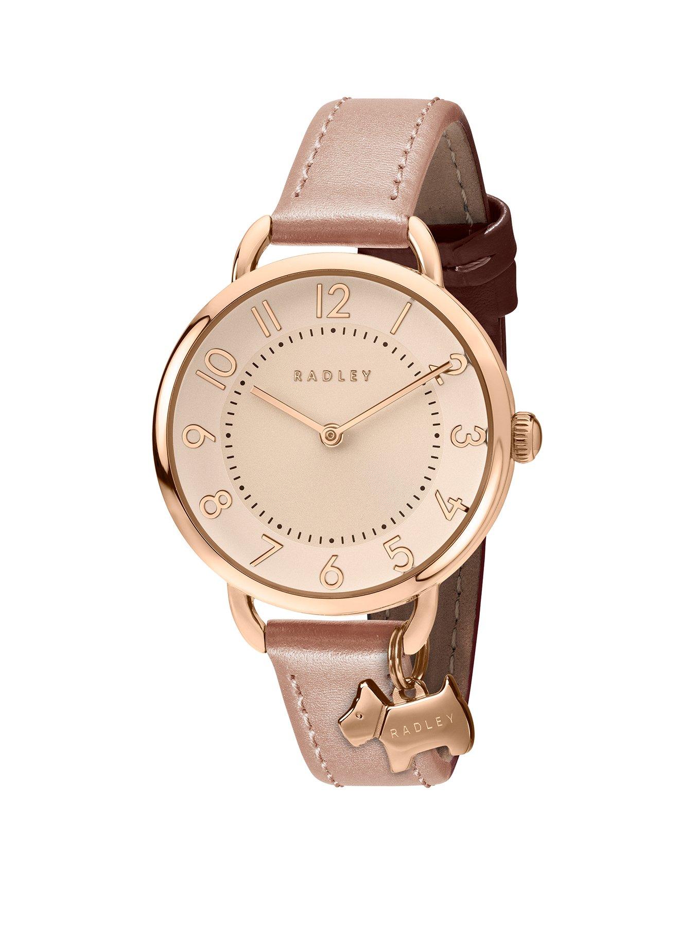 Radley Ladies Rose Gold Plated Open Shoulder Pink Leather Strap Watch With Charm