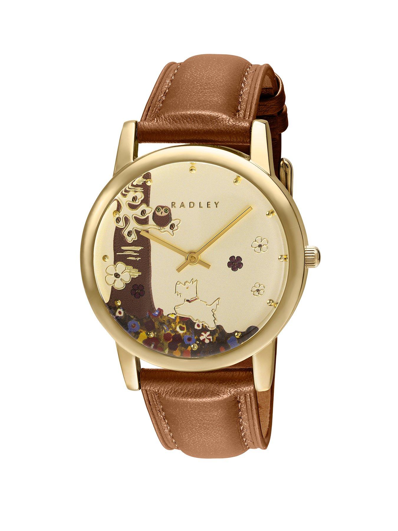 Radley Ladies Floral Forrest Gold Plated Cognac Leather Strap Watch