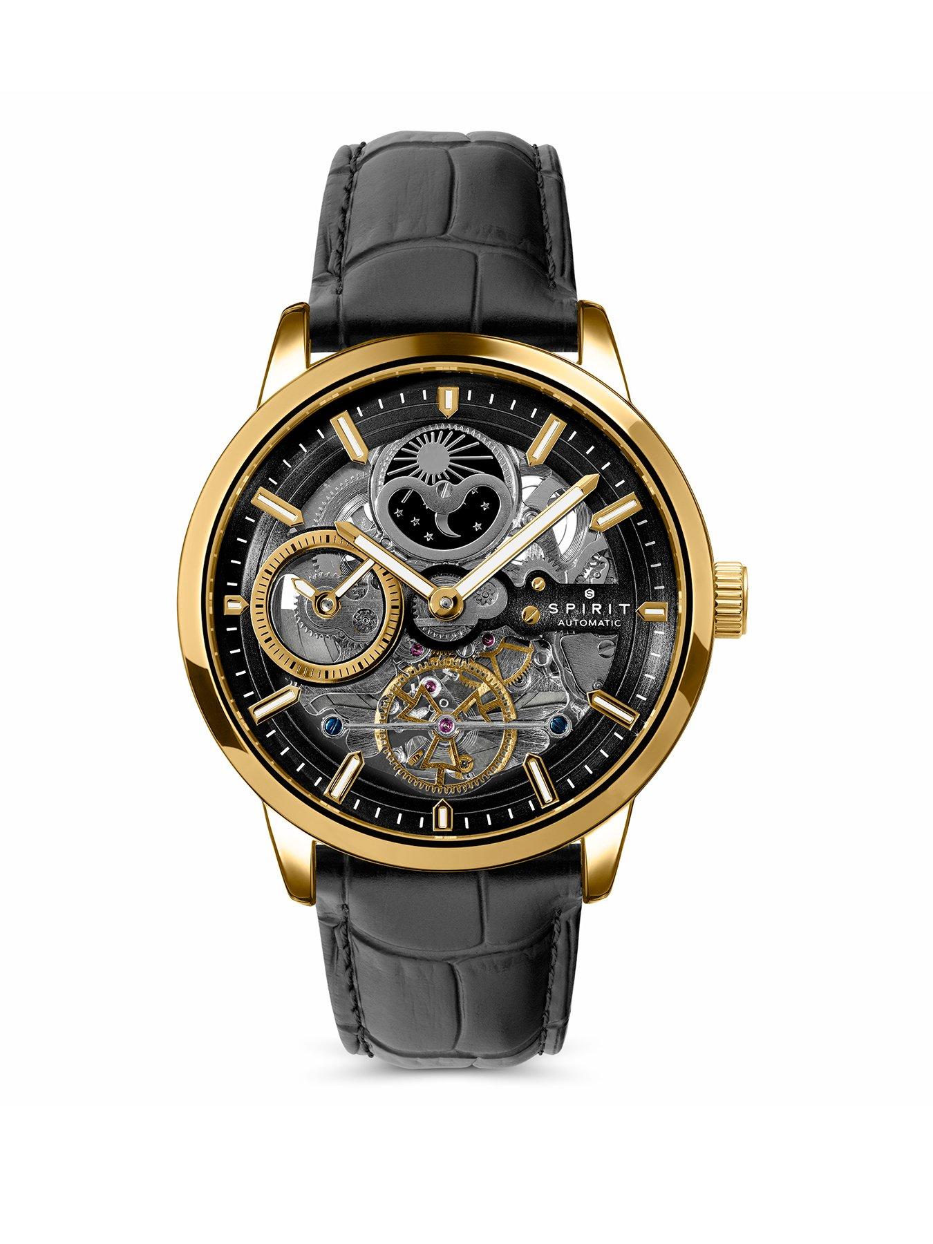 Spirit Spirit Gents Gold plated Sun Moon Automatic Black Leather Strap Watch