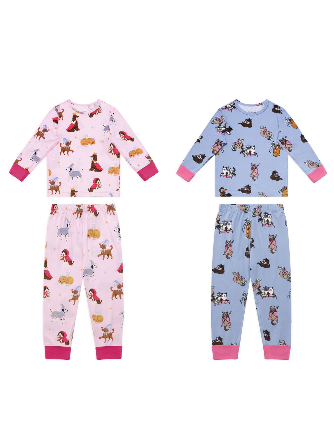 Image 1 of 7 of CHELSEA PEERS Chelsea Peers Kids Two Pack Fairytale Dogs &amp; Princess Cats Print Long Pyjama Set - Multi