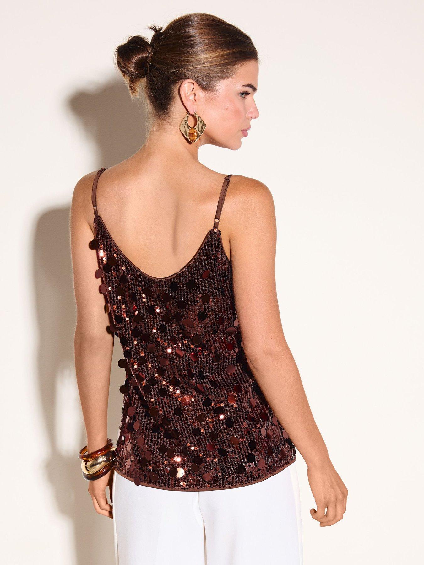 Image 2 of 6 of Friends Like These Womens All-over Sequin Adjustable Strap Cami - Brown