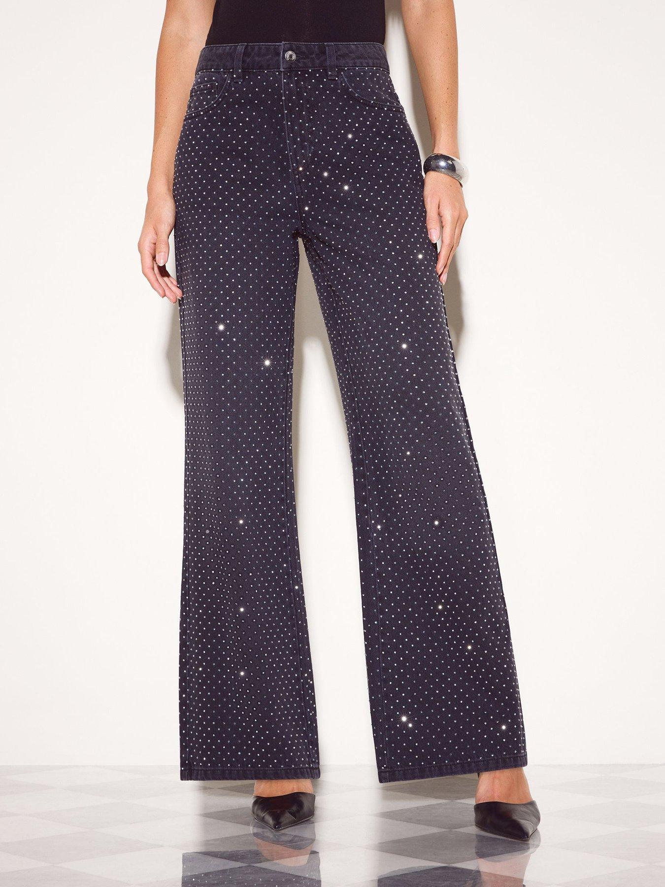 Image 1 of 5 of Friends Like These Womens Premium Everyday Wide Leg Sparkly High Rise Jeans - Black