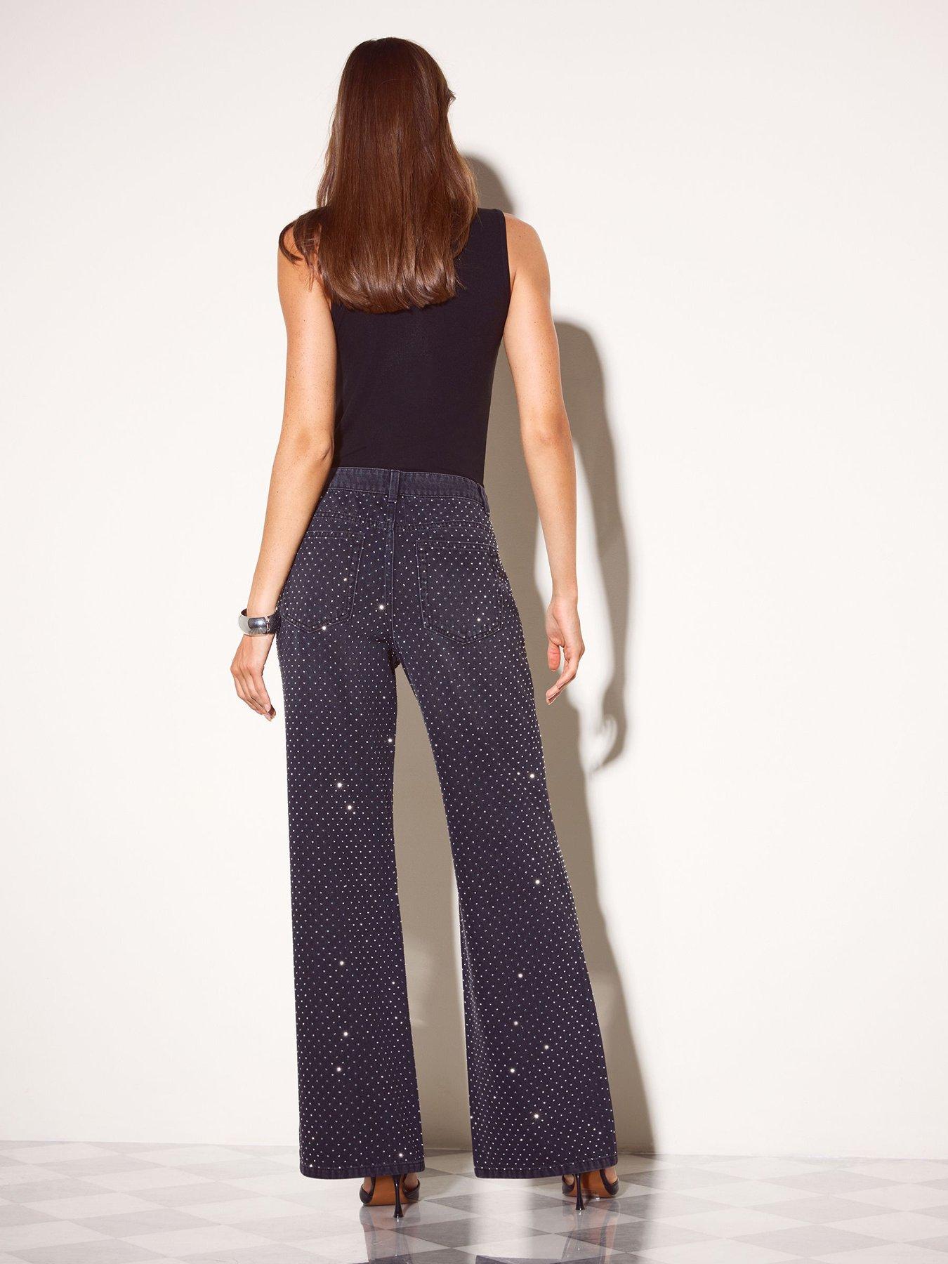 Image 2 of 5 of Friends Like These Womens Premium Everyday Wide Leg Sparkly High Rise Jeans - Black