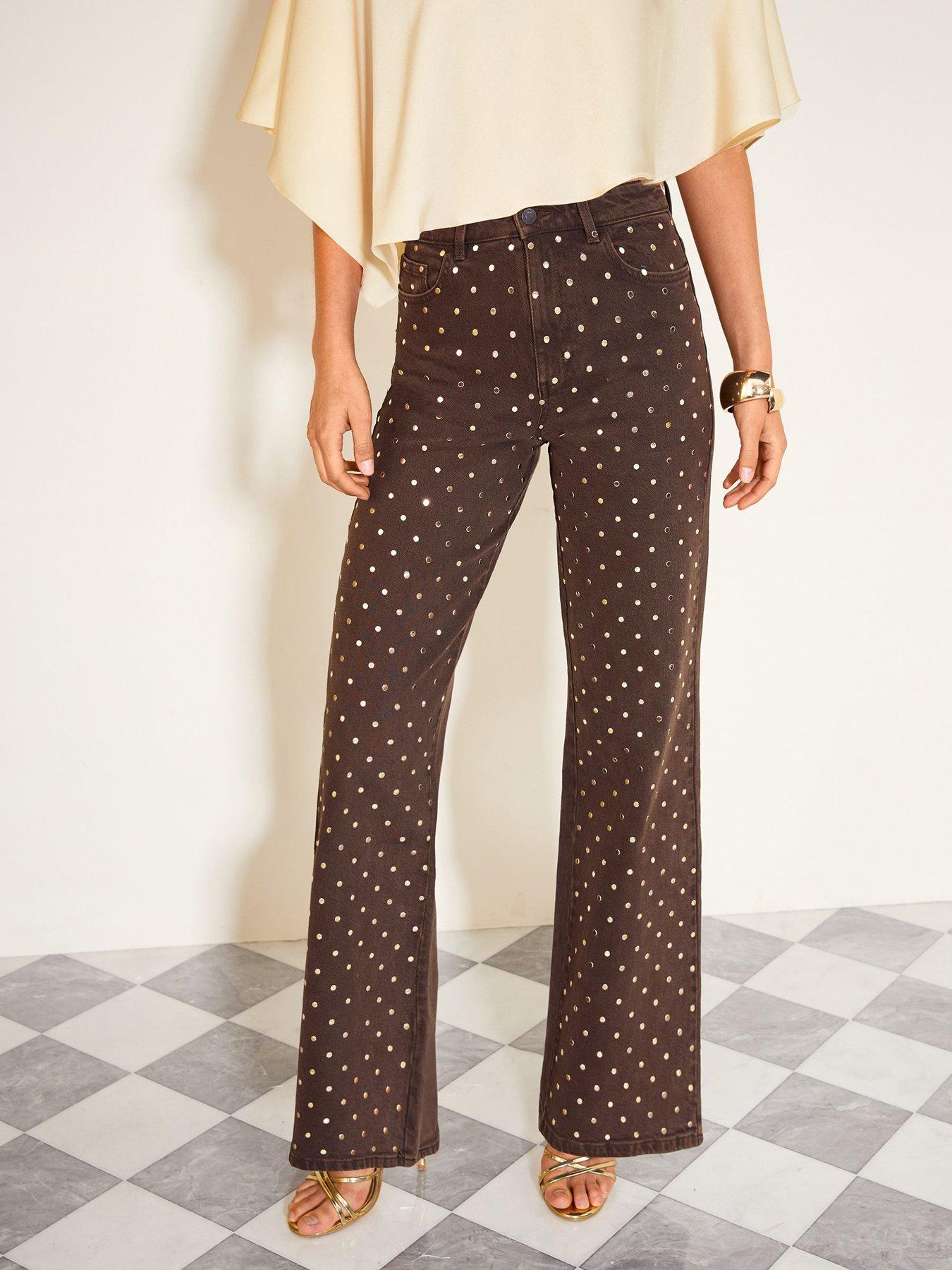 Image 1 of 6 of Friends Like These Womens Everyday Wide Leg Mirror High Rise Embellished Jeans - Chocolate