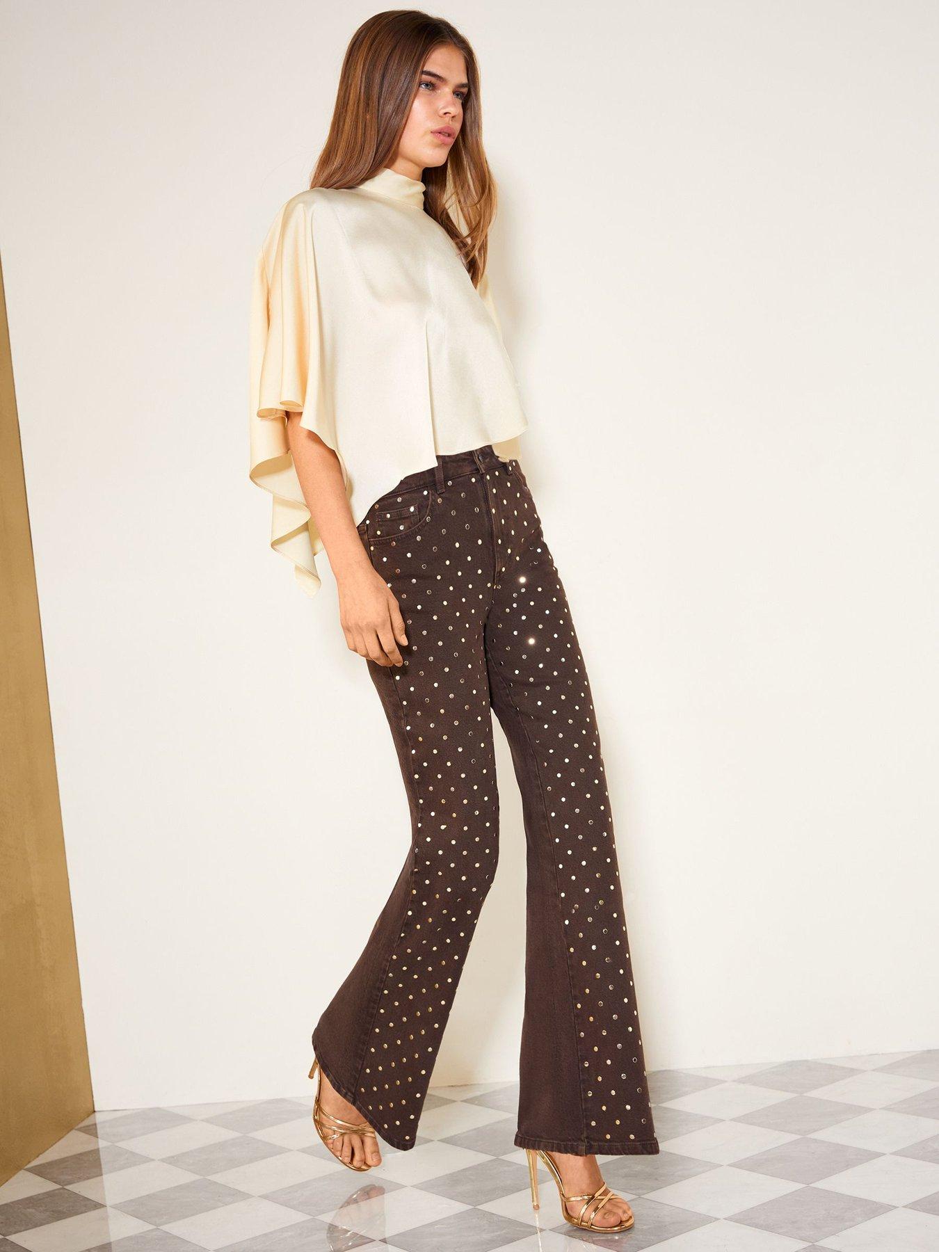 Image 3 of 6 of Friends Like These Womens Everyday Wide Leg Mirror High Rise Embellished Jeans - Chocolate
