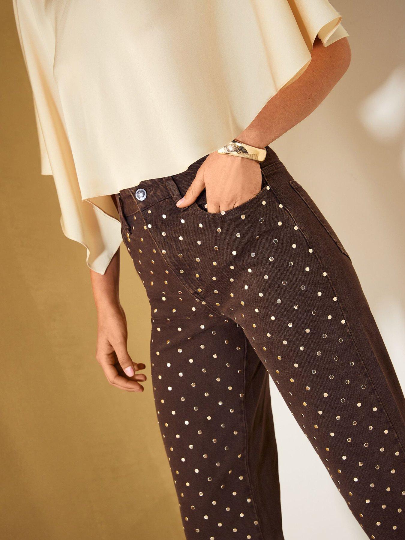 Image 4 of 6 of Friends Like These Womens Everyday Wide Leg Mirror High Rise Embellished Jeans - Chocolate