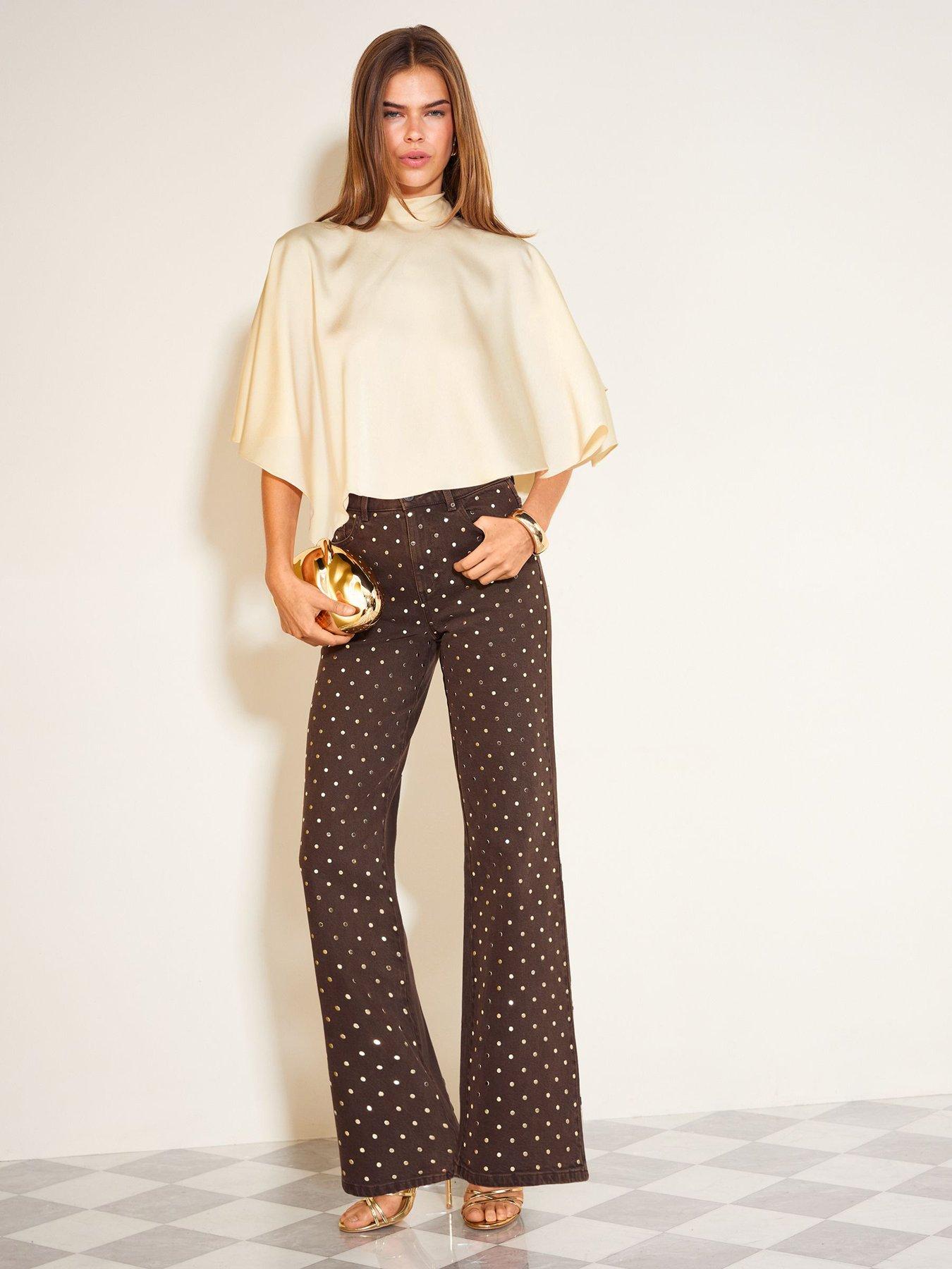 Image 5 of 6 of Friends Like These Womens Everyday Wide Leg Mirror High Rise Embellished Jeans - Chocolate