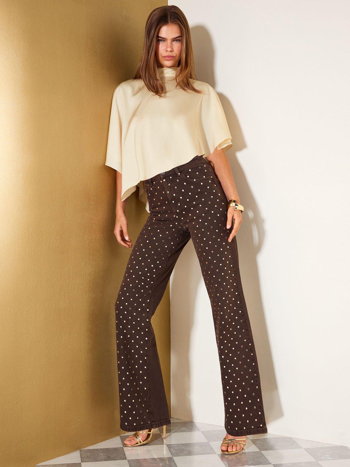 Image 6 of 6 of Friends Like These Womens Everyday Wide Leg Mirror High Rise Embellished Jeans - Chocolate