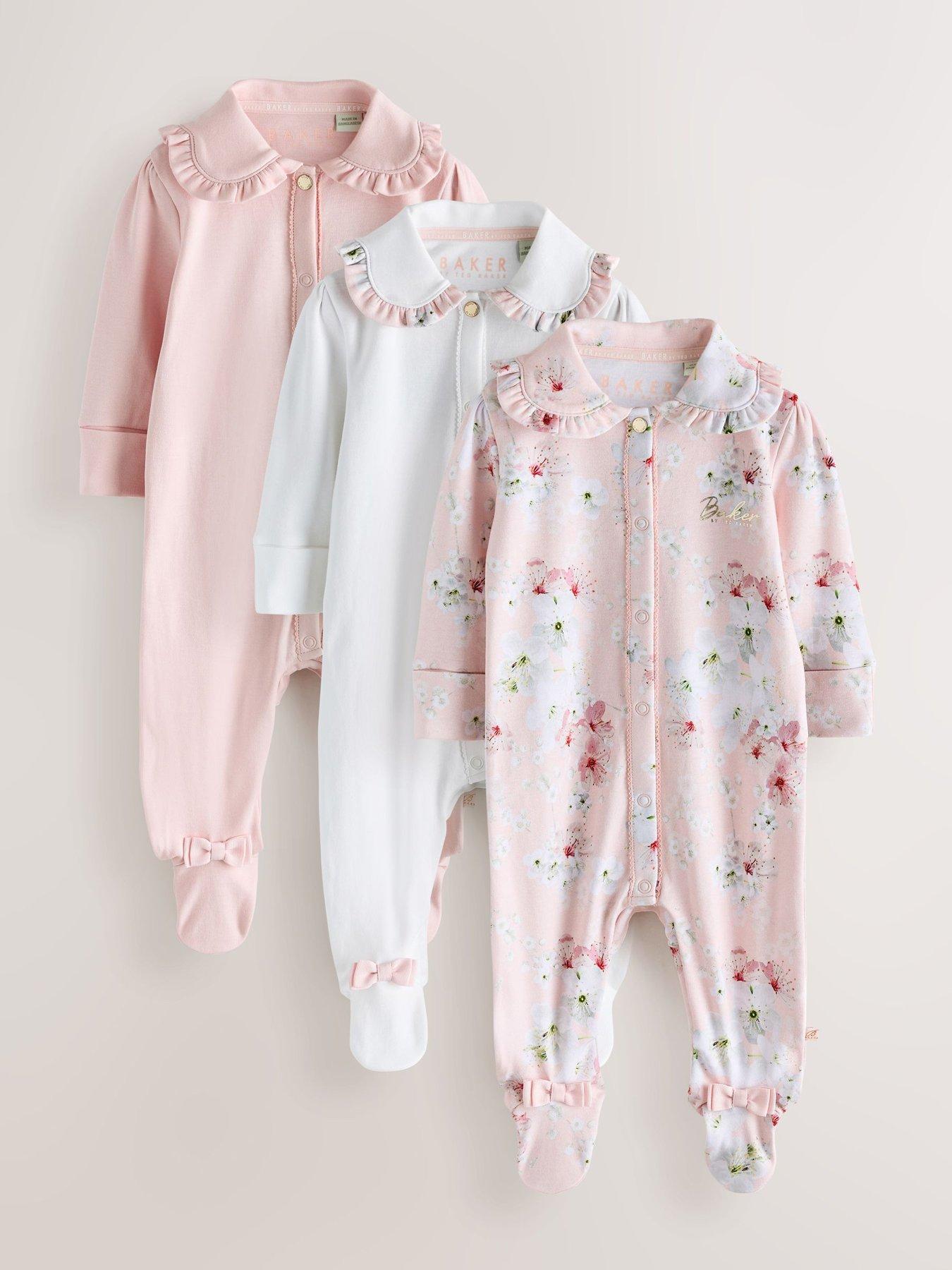 Image 1 of 7 of Ted Baker Baby Girls Blossom 3 Pack Frilled Collar Popper Front Sleepsuits - Multi