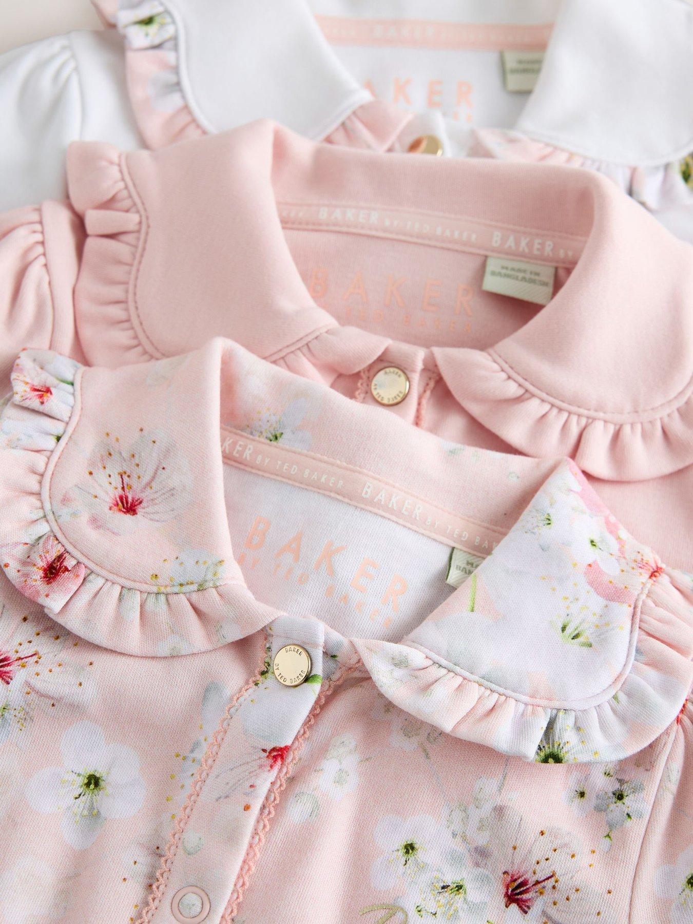 Image 7 of 7 of Ted Baker Baby Girls Blossom 3 Pack Frilled Collar Popper Front Sleepsuits - Multi