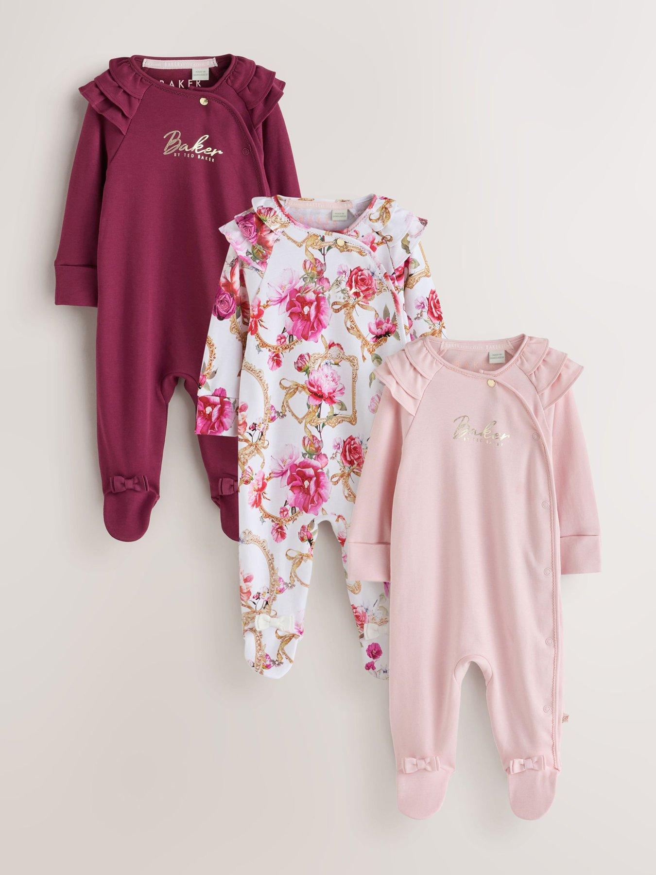 Image 1 of 7 of Ted Baker Baby Girls Frame 3 Pack Ruffle Shoulder Button Front Sleepsuits - Multi