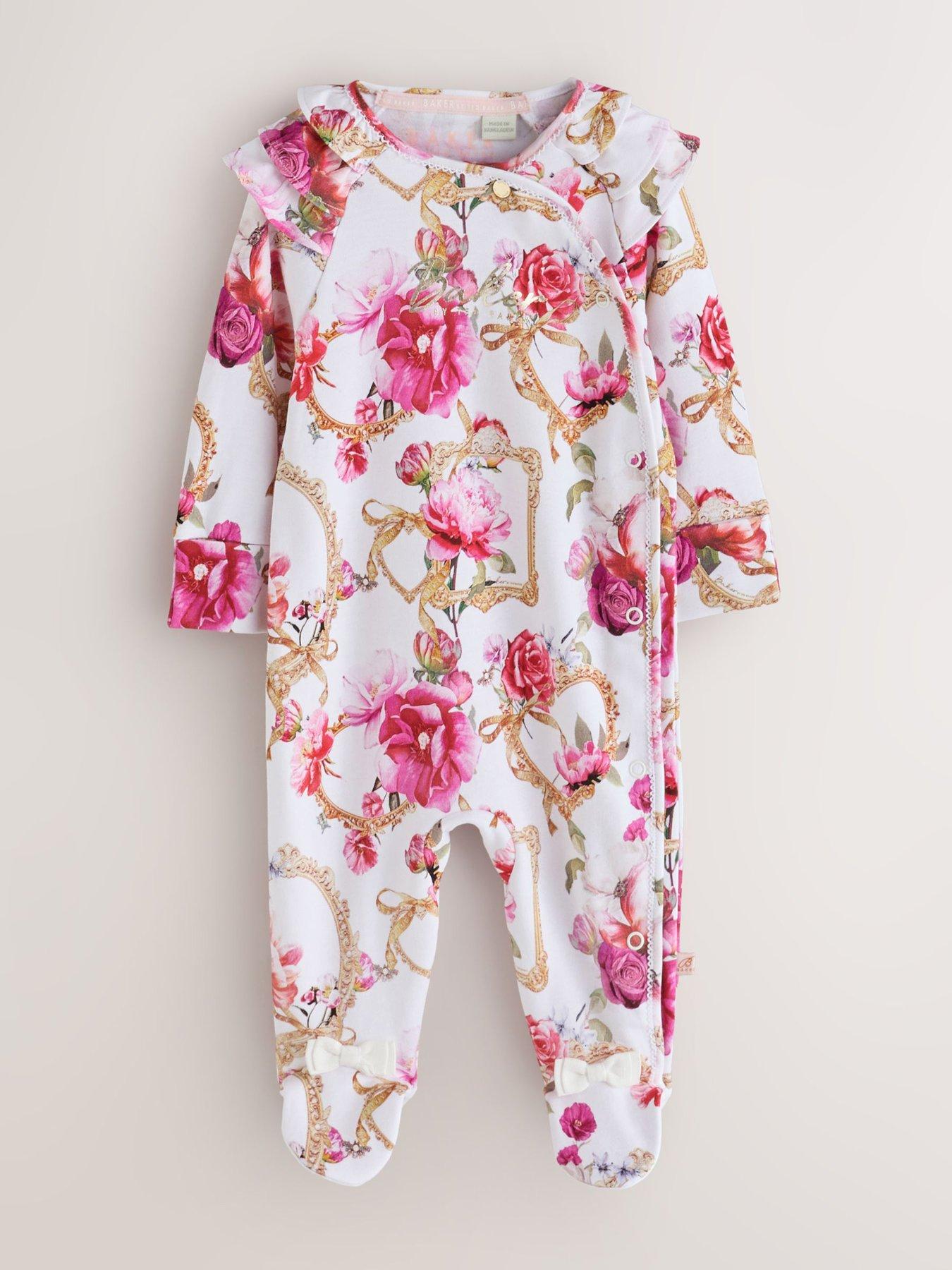 Image 4 of 7 of Ted Baker Baby Girls Frame 3 Pack Ruffle Shoulder Button Front Sleepsuits - Multi