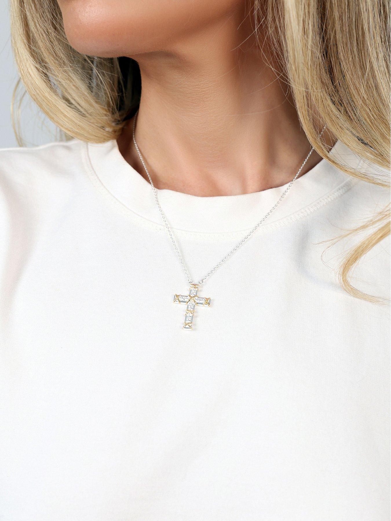 Image 2 of 2 of Say It With Unisex Luxe Kiss Cross 2-Tone Sparkly Pendant Necklace - Silver &amp; Gold