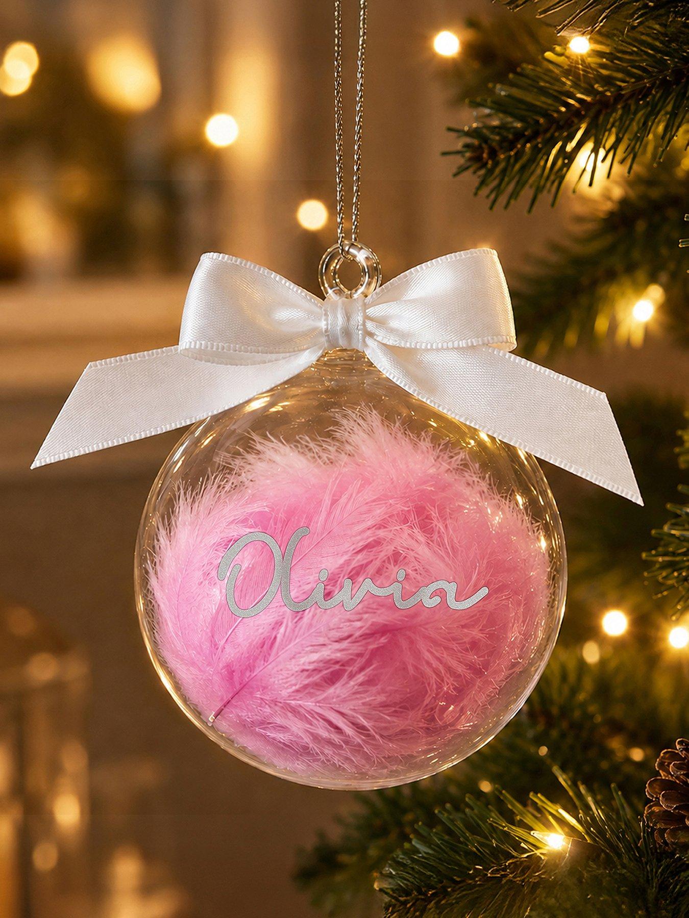 Image 1 of 3 of The Personalised Memento Company Personalised Pink Feather Bauble with Ribbon