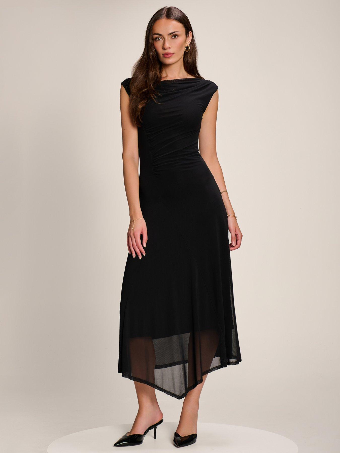 Jolie Moi Asymmetric Draped Mesh Maxi Dress