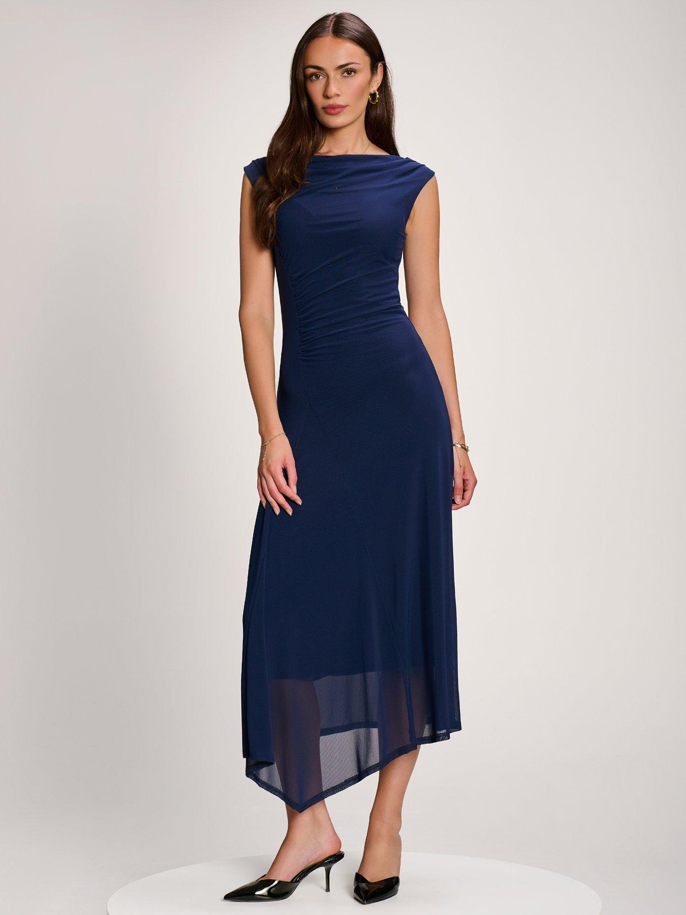 Image 1 of 7 of Jolie Moi Womens Asymmetric Draped Mesh Maxi Dress - Navy