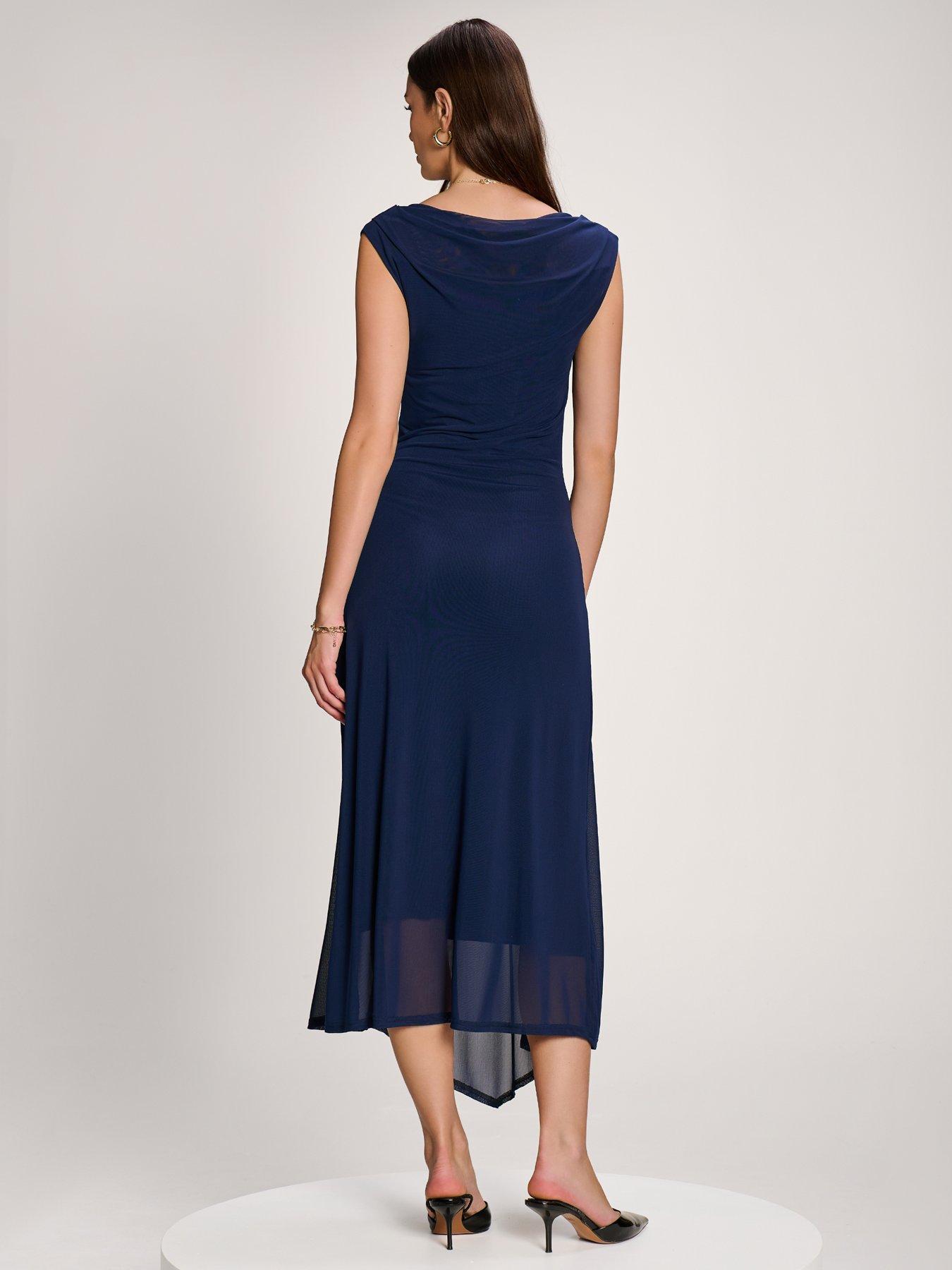 Image 2 of 7 of Jolie Moi Womens Asymmetric Draped Mesh Maxi Dress - Navy