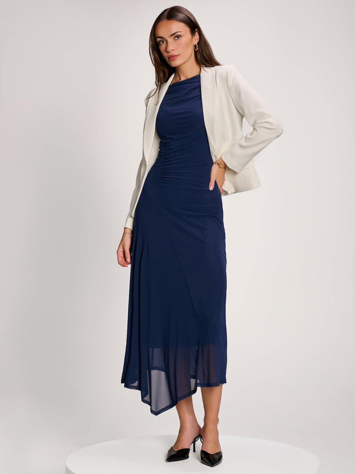 Image 3 of 7 of Jolie Moi Womens Asymmetric Draped Mesh Maxi Dress - Navy