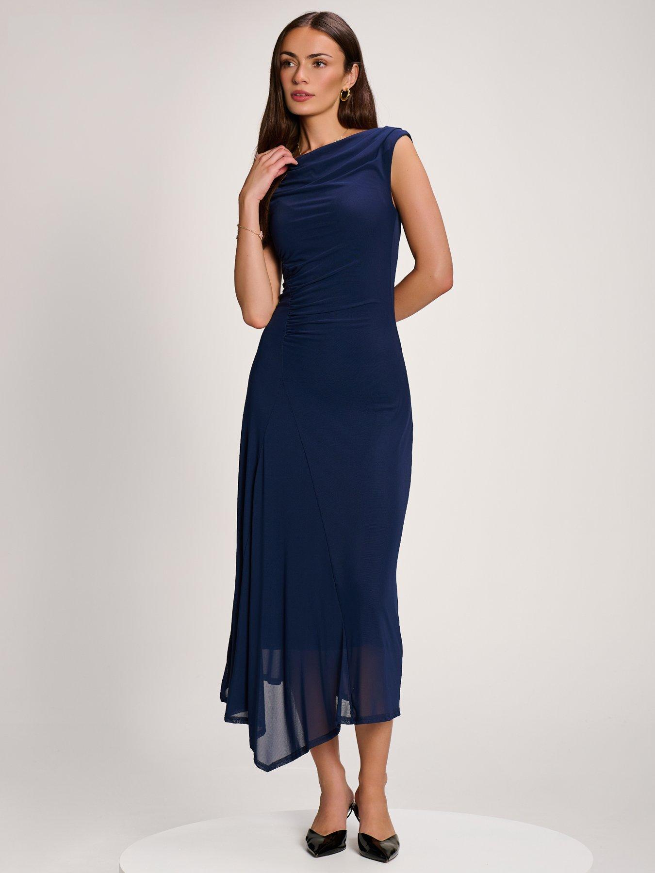 Image 5 of 7 of Jolie Moi Womens Asymmetric Draped Mesh Maxi Dress - Navy
